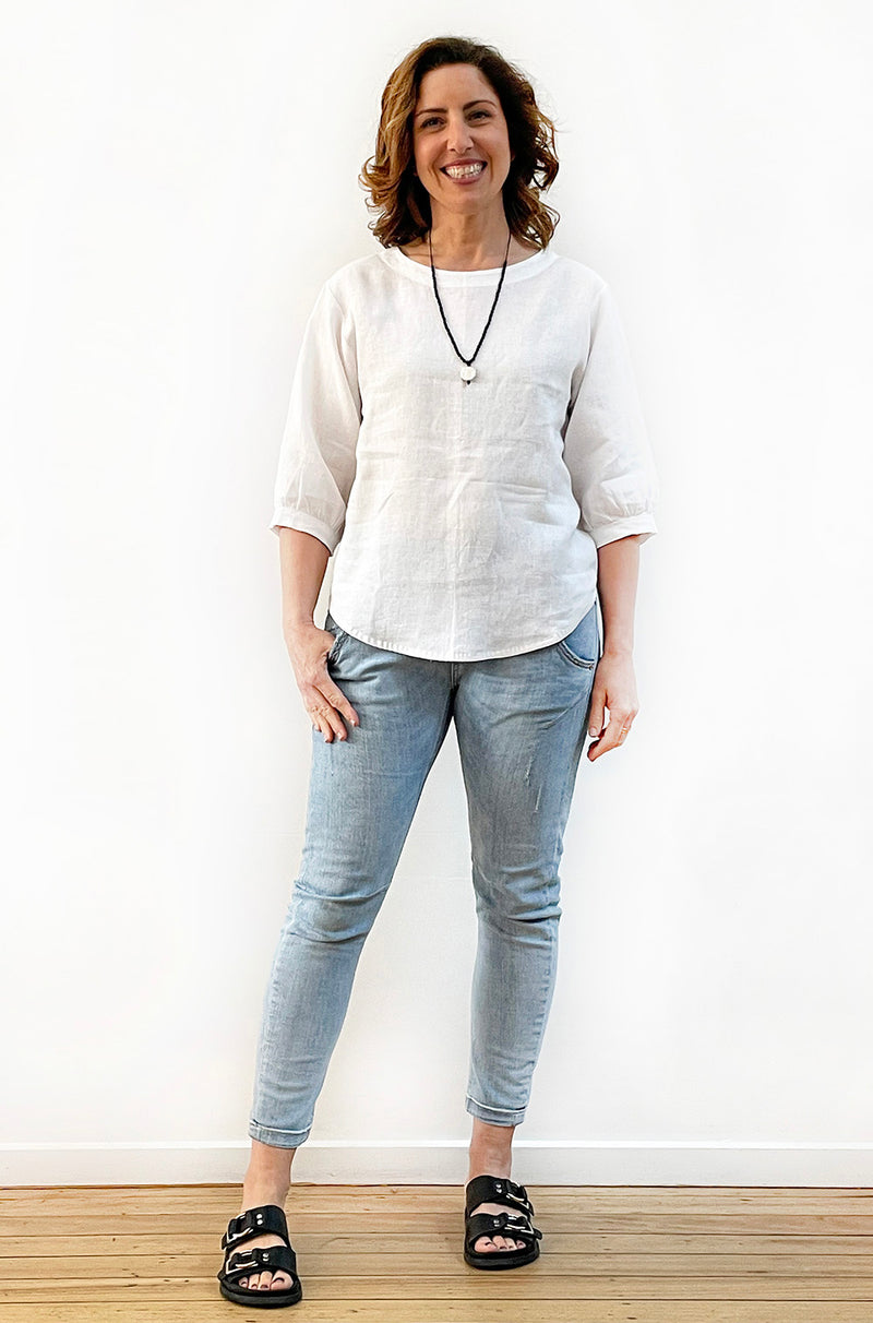 LINEN GATHERED SLEEVE TOP WHITE
