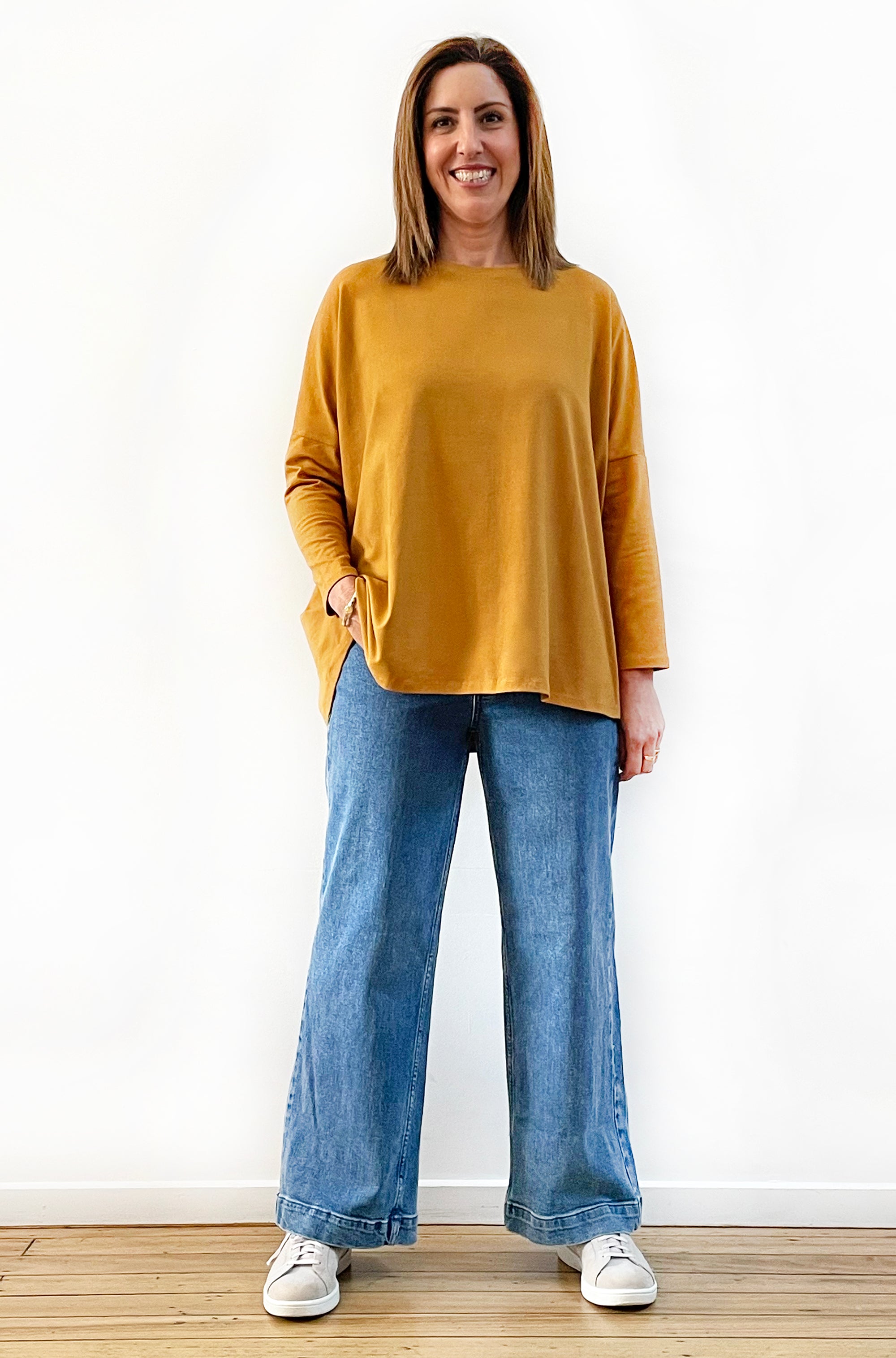 BAMBOO/ORGANIC COTTON LONG SLEEVE CURVED HEM BOX TOP MARIGOLD