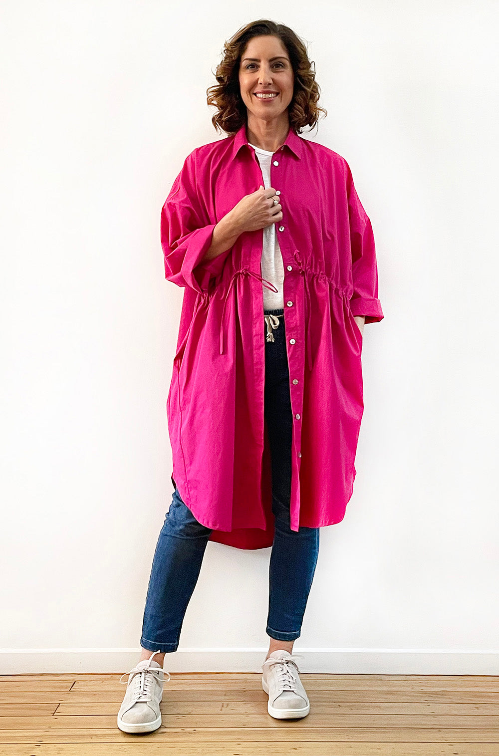 COTTON OVERSIZED DRAWSTRING SHIRTDRESS MAGENTA