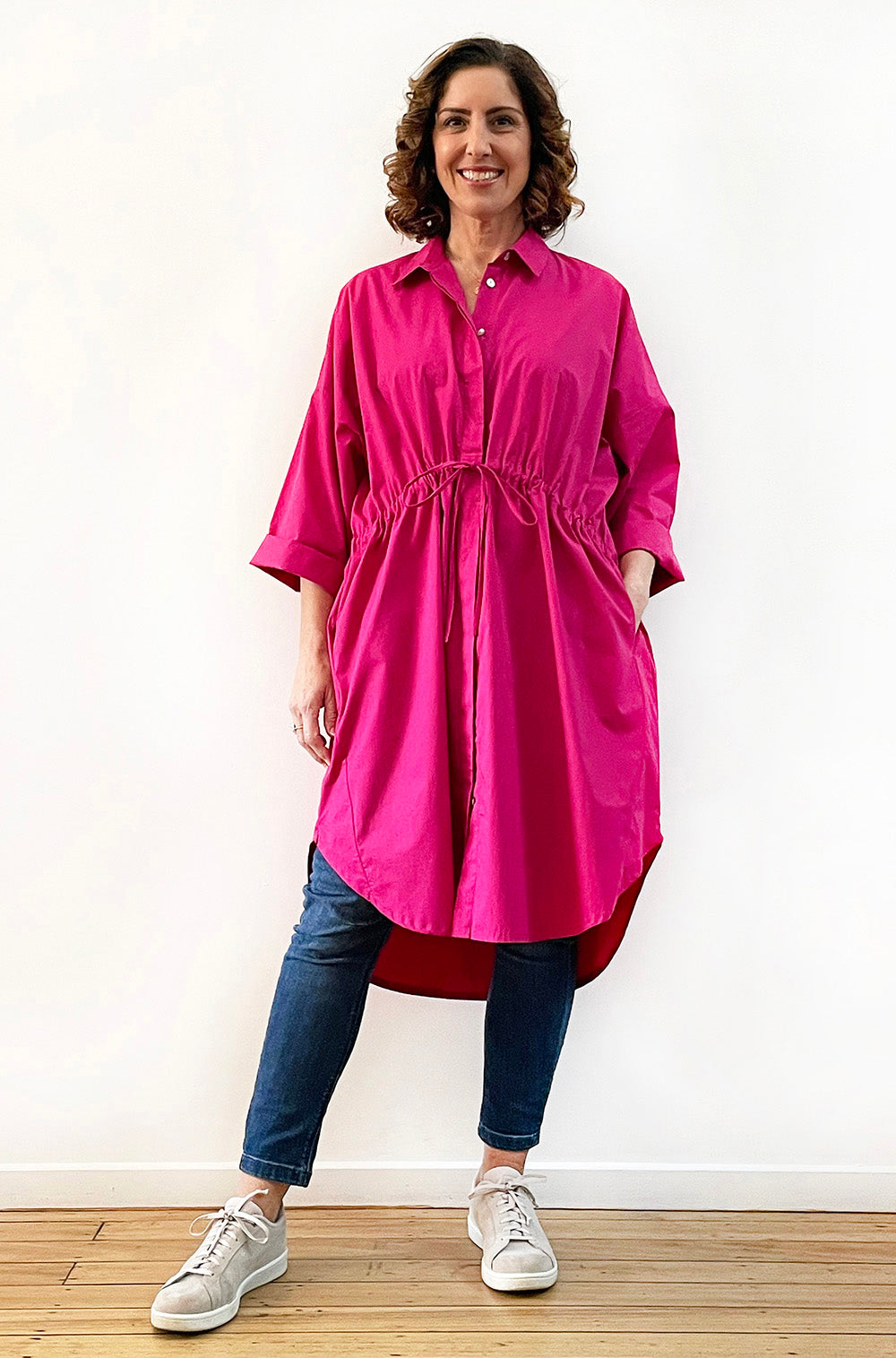 COTTON OVERSIZED DRAWSTRING SHIRTDRESS MAGENTA