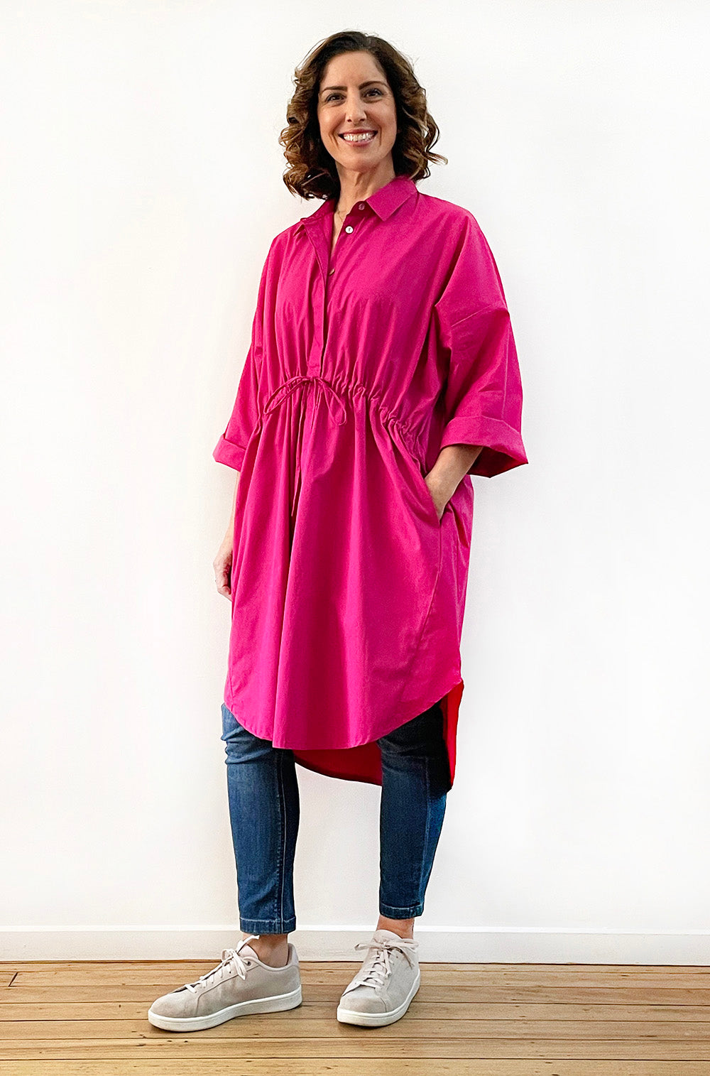 COTTON OVERSIZED DRAWSTRING SHIRTDRESS MAGENTA