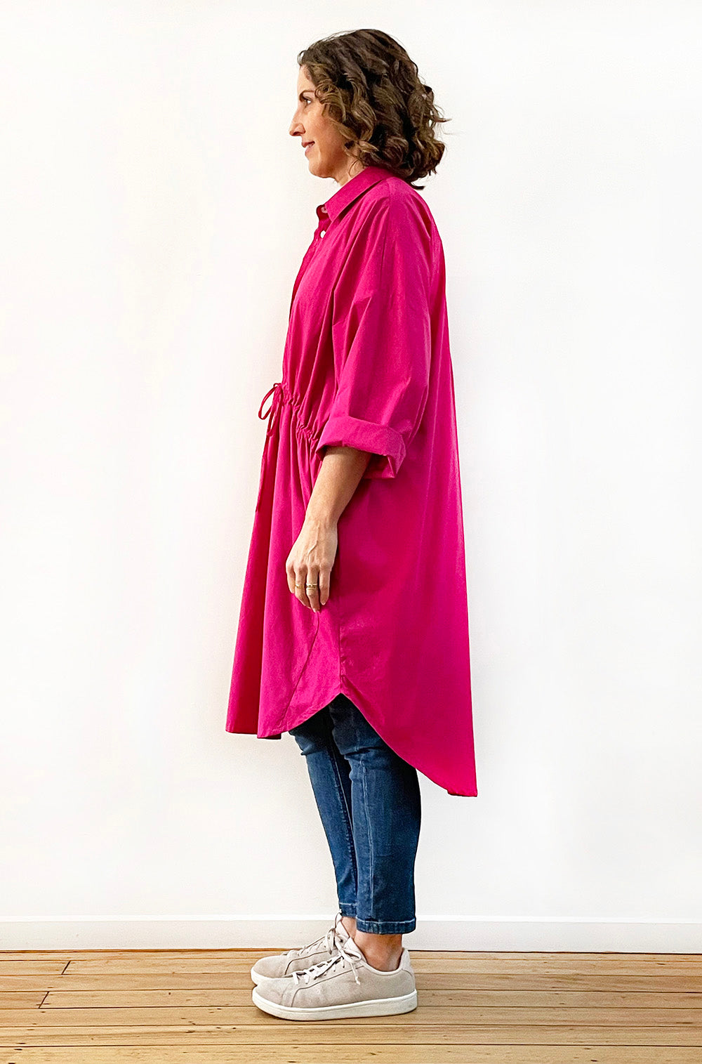 COTTON OVERSIZED DRAWSTRING SHIRTDRESS MAGENTA