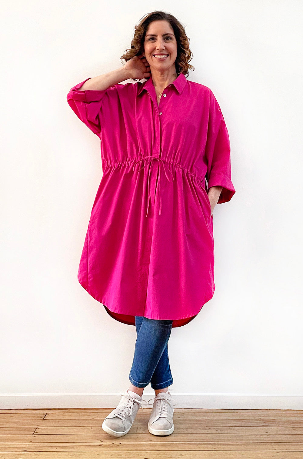 COTTON OVERSIZED DRAWSTRING SHIRTDRESS MAGENTA