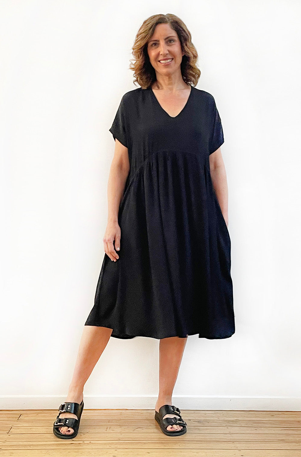 VISCOSE V-NECK SMOCK DRESS BLACK