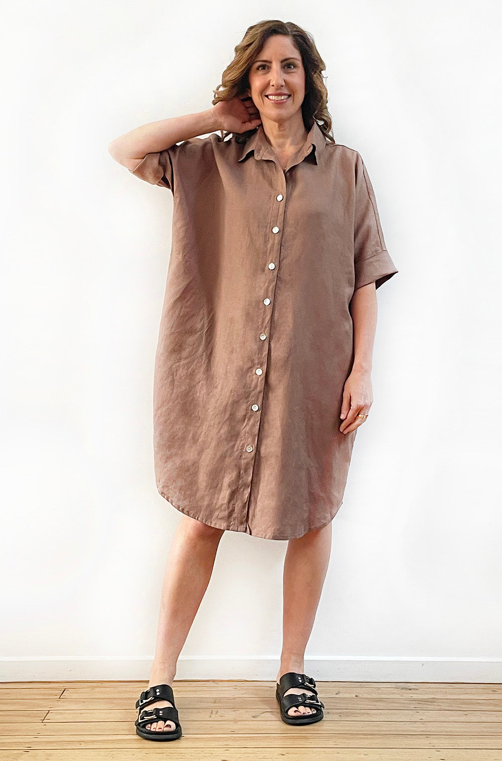 LINEN RELAXED SHIRT DRESS MOCHA