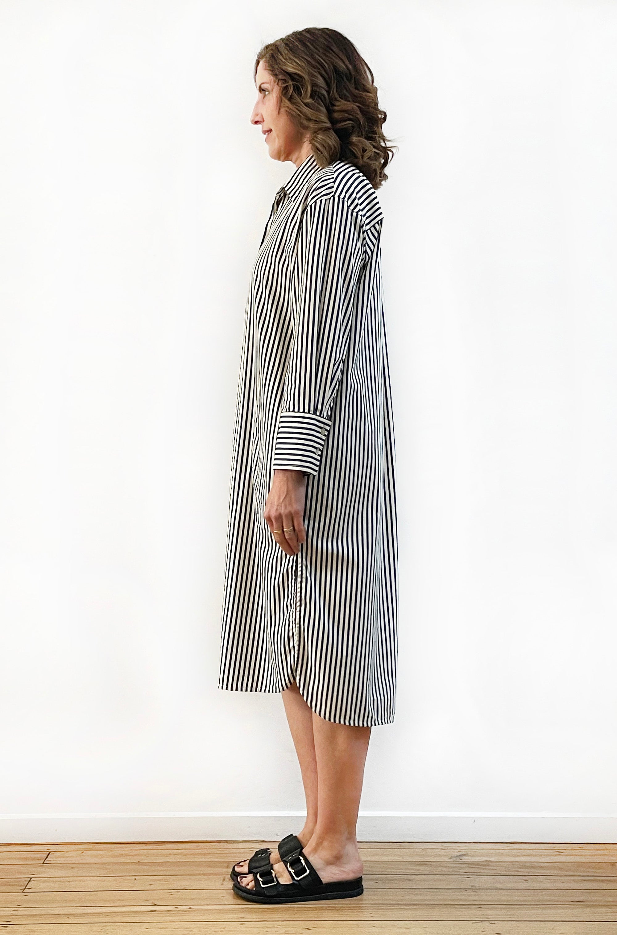 COTTON LONG SLEEVE SHIRT DRESS BLUE/CREAM STRIPE