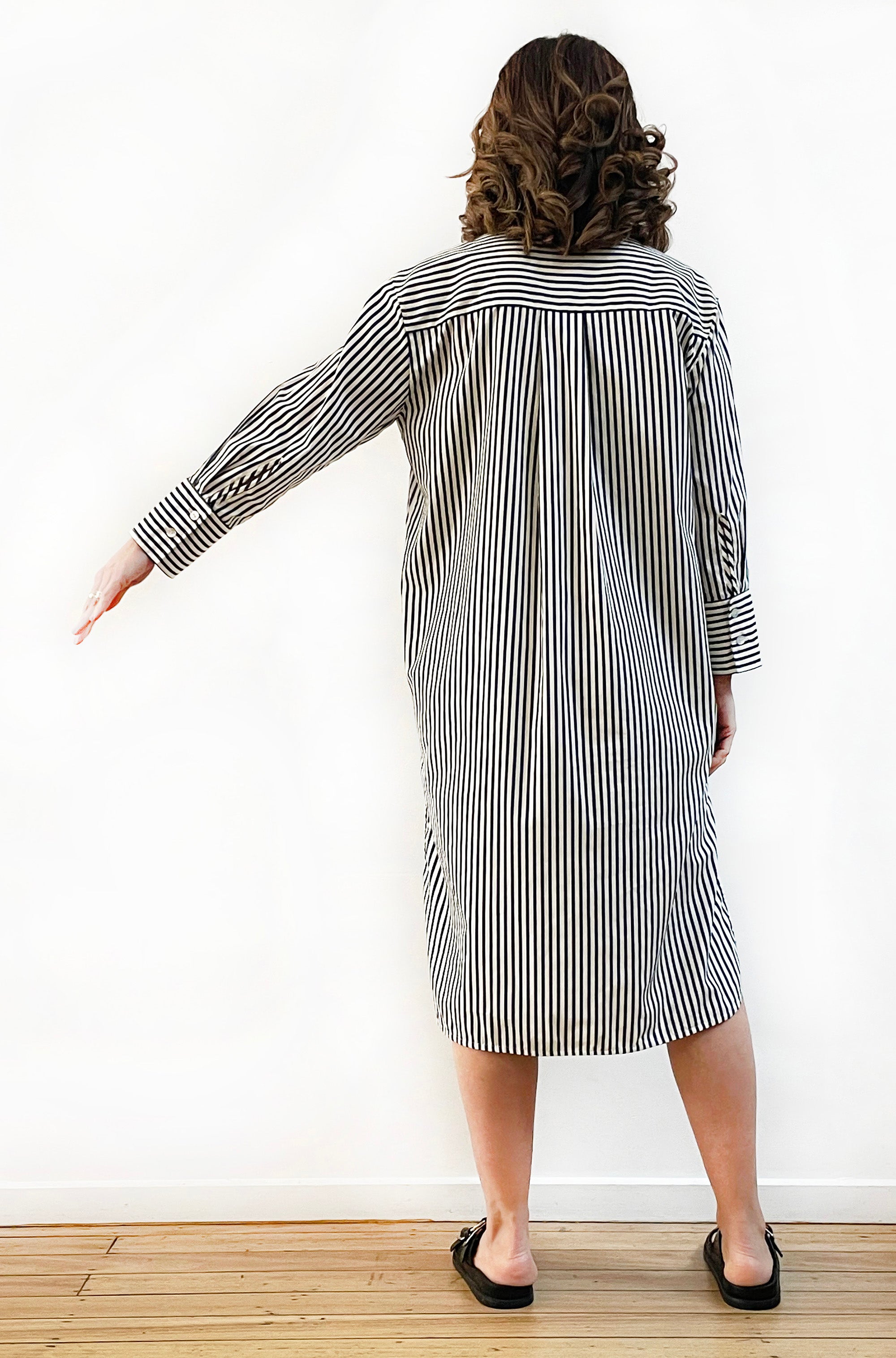 COTTON LONG SLEEVE SHIRT DRESS BLUE/CREAM STRIPE