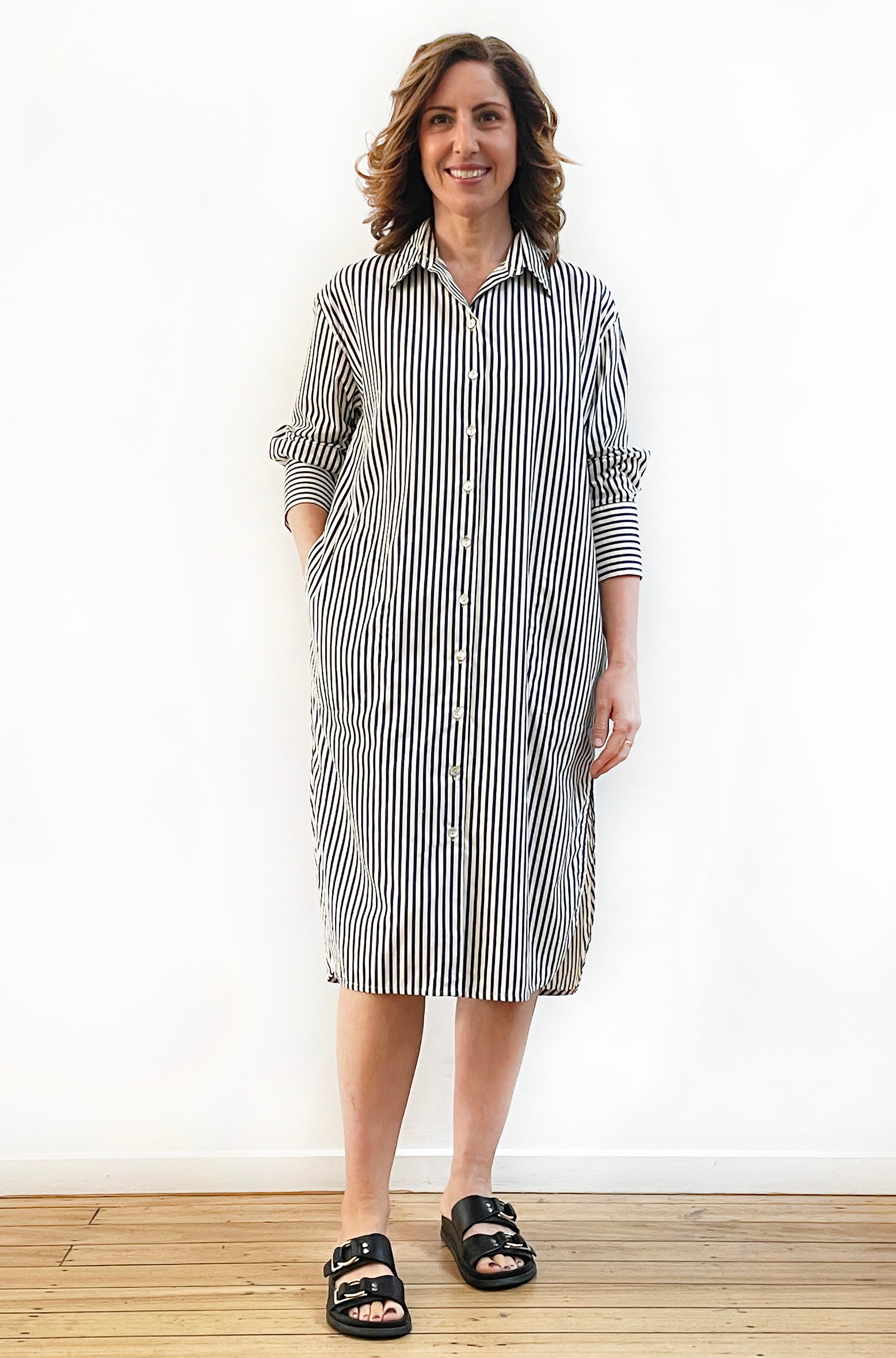 COTTON LONG SLEEVE SHIRT DRESS BLUE/CREAM STRIPE