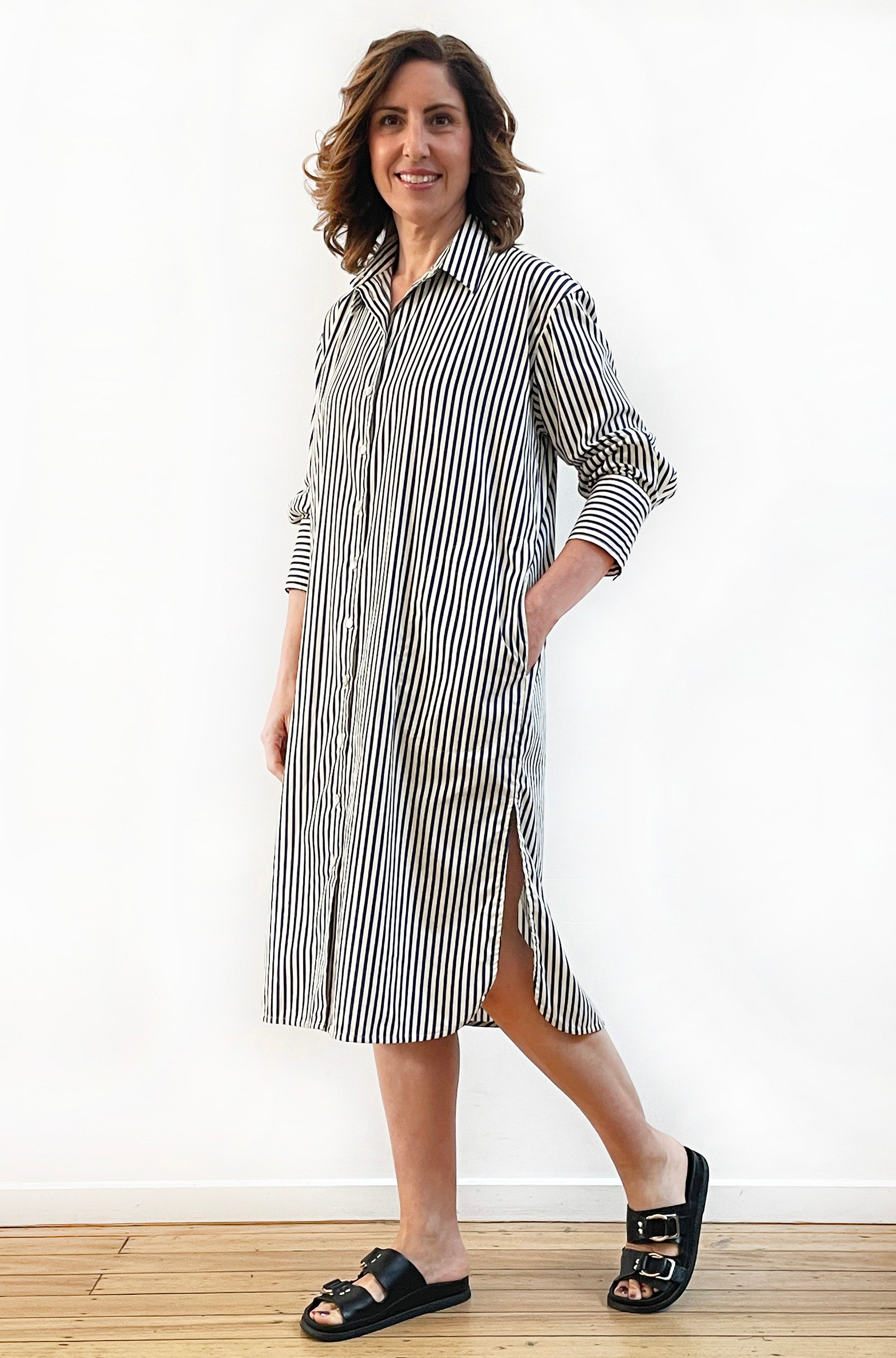 COTTON LONG SLEEVE SHIRT DRESS BLUE/CREAM STRIPE