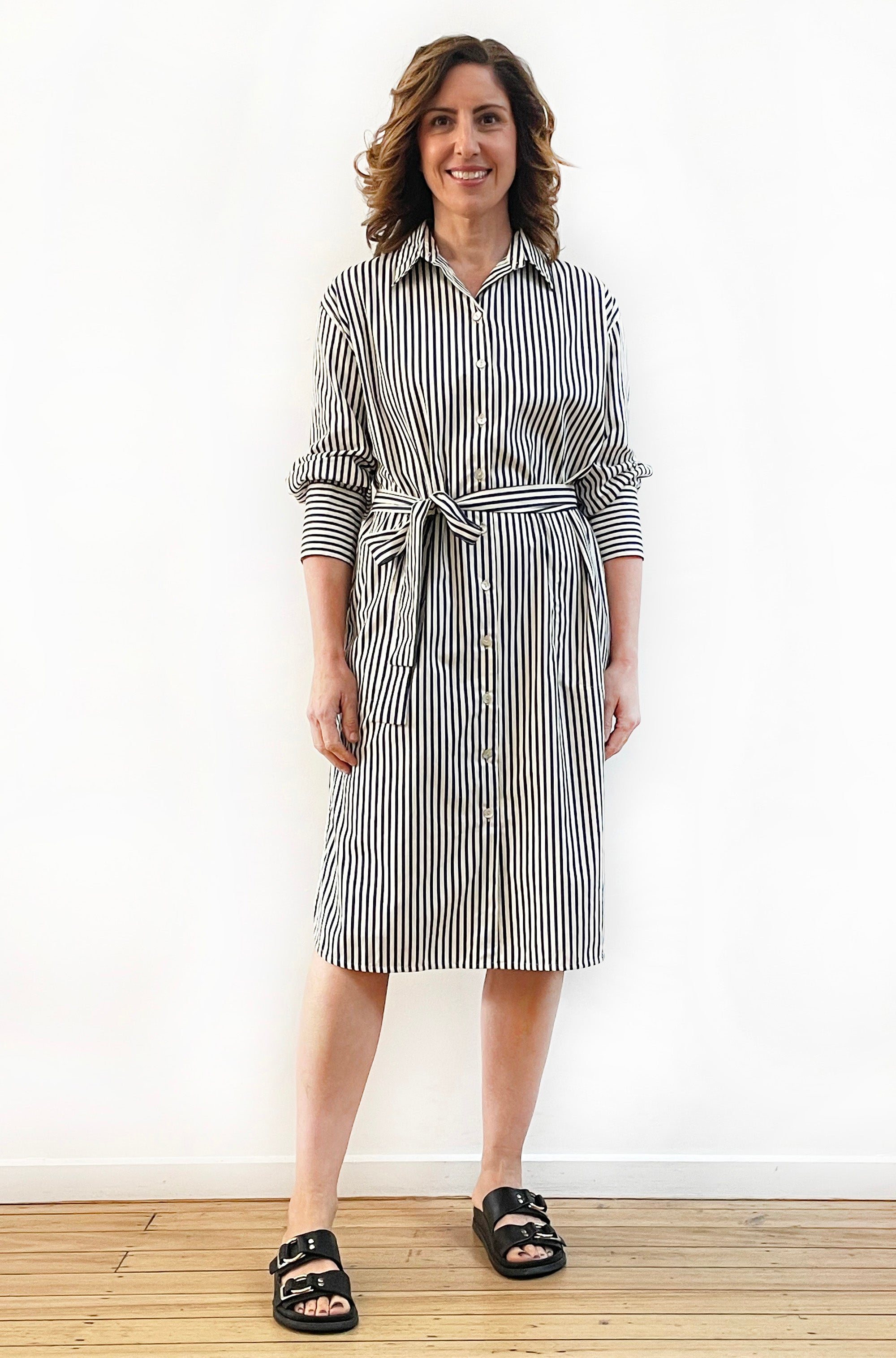 COTTON LONG SLEEVE SHIRT DRESS BLUE/CREAM STRIPE