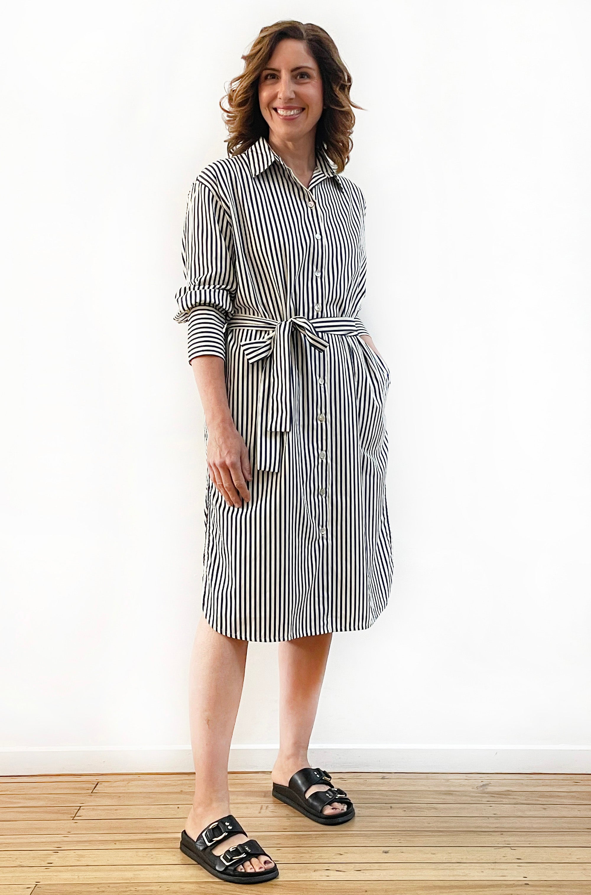 COTTON LONG SLEEVE SHIRT DRESS BLUE/CREAM STRIPE