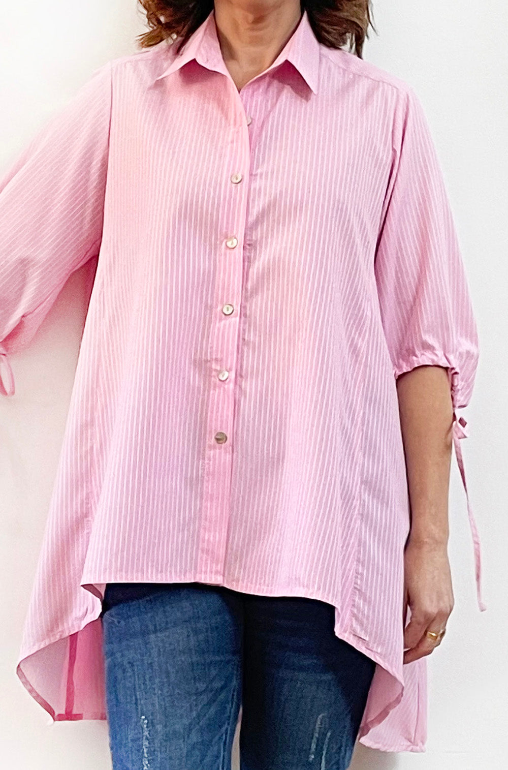 COTTON TIE SLEEVE HI LO SWING SHIRT PINK STRIPE