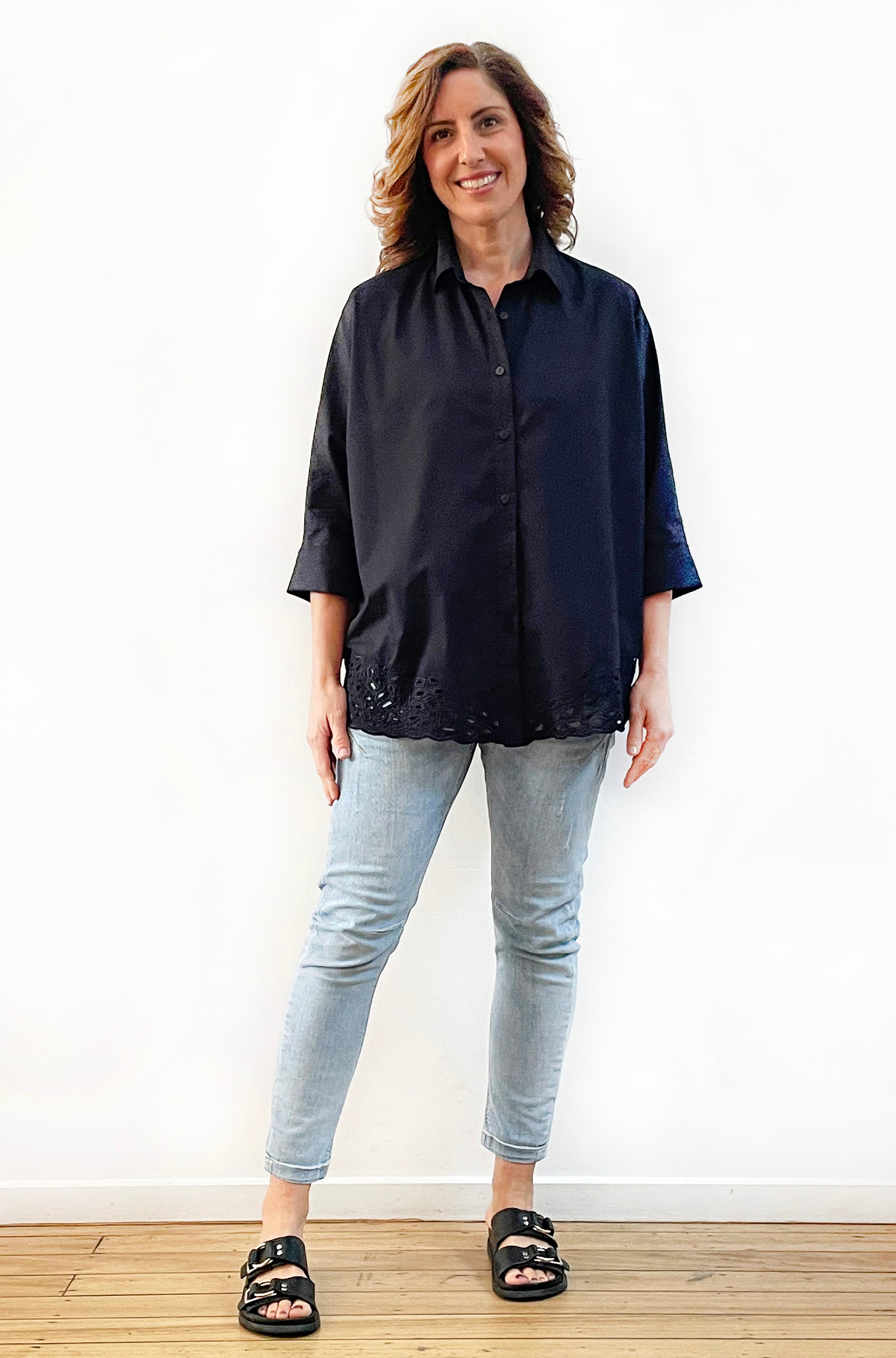 COTTON KIMONO SLEEVE CUTWORK SHIRT BLACK