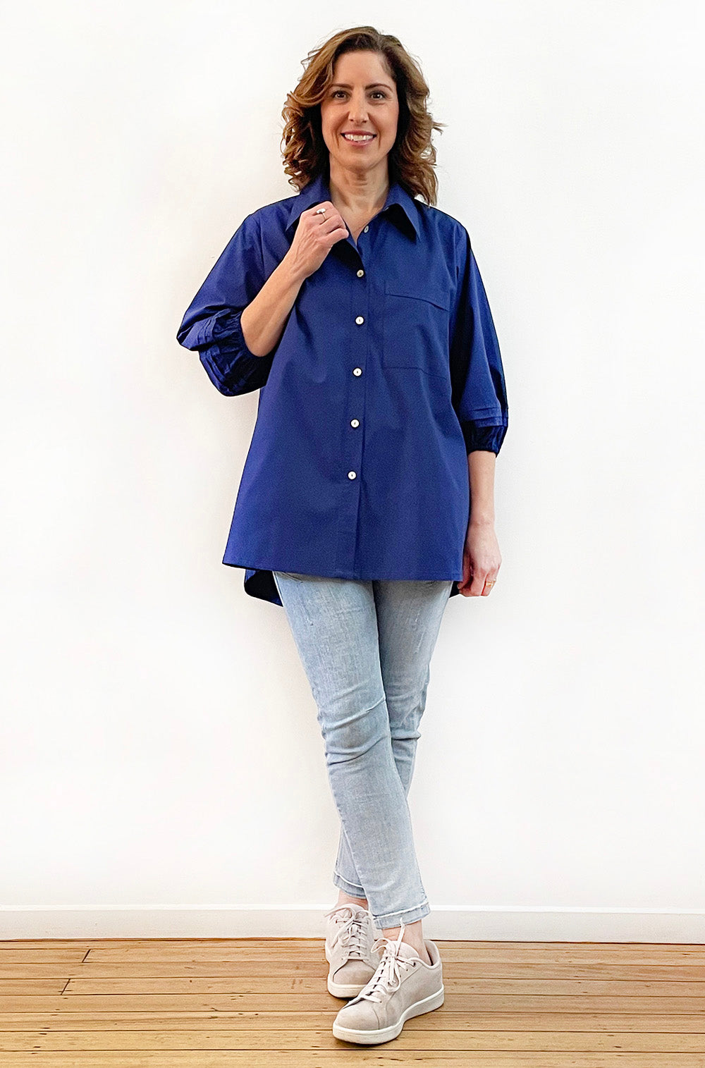 COTTON TUCKED SLEEVE SHIRT SKIPPER BLUE