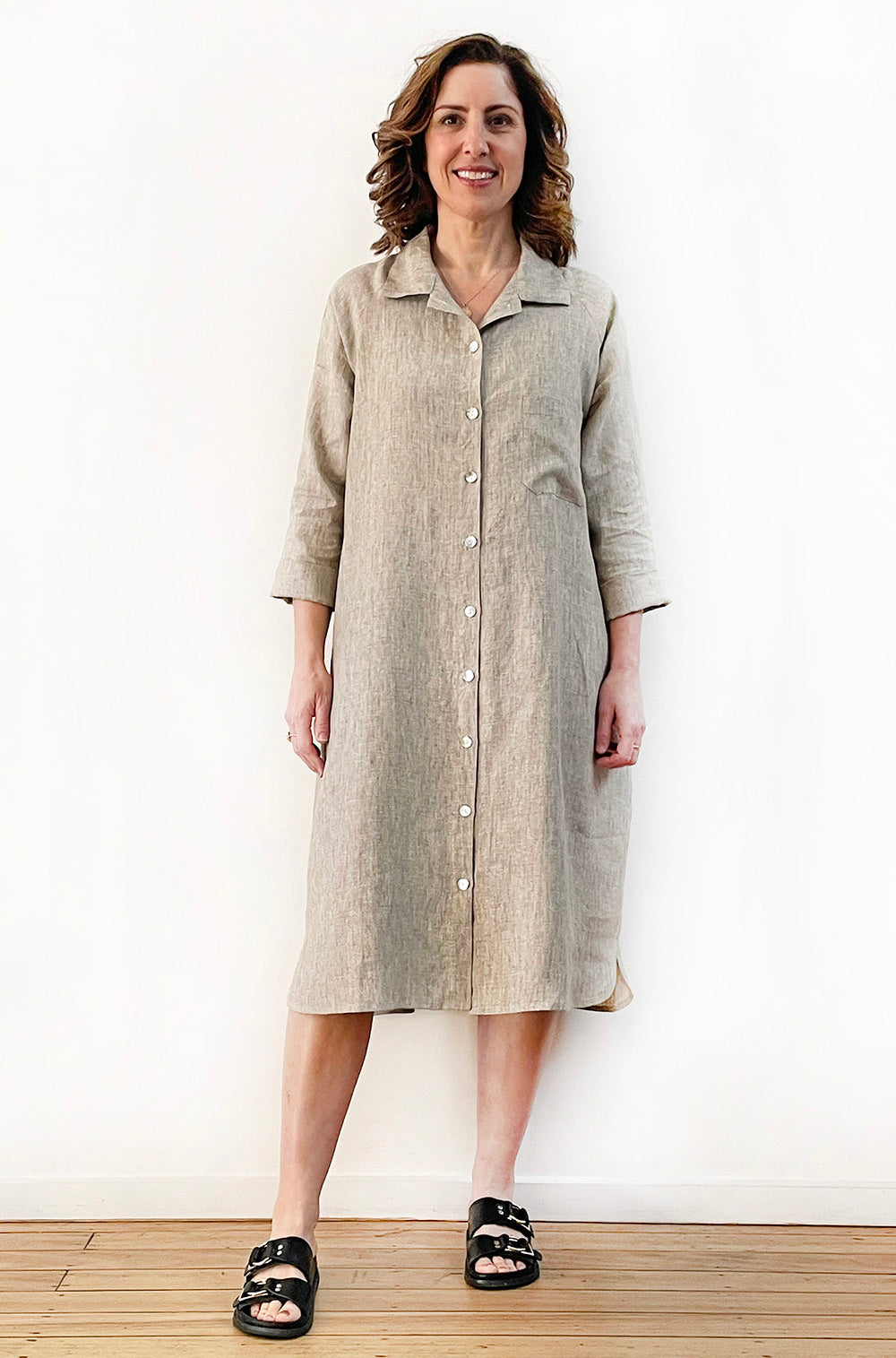 LINEN BUTTON THRU RAGLAN SHIRT DRESS SAND