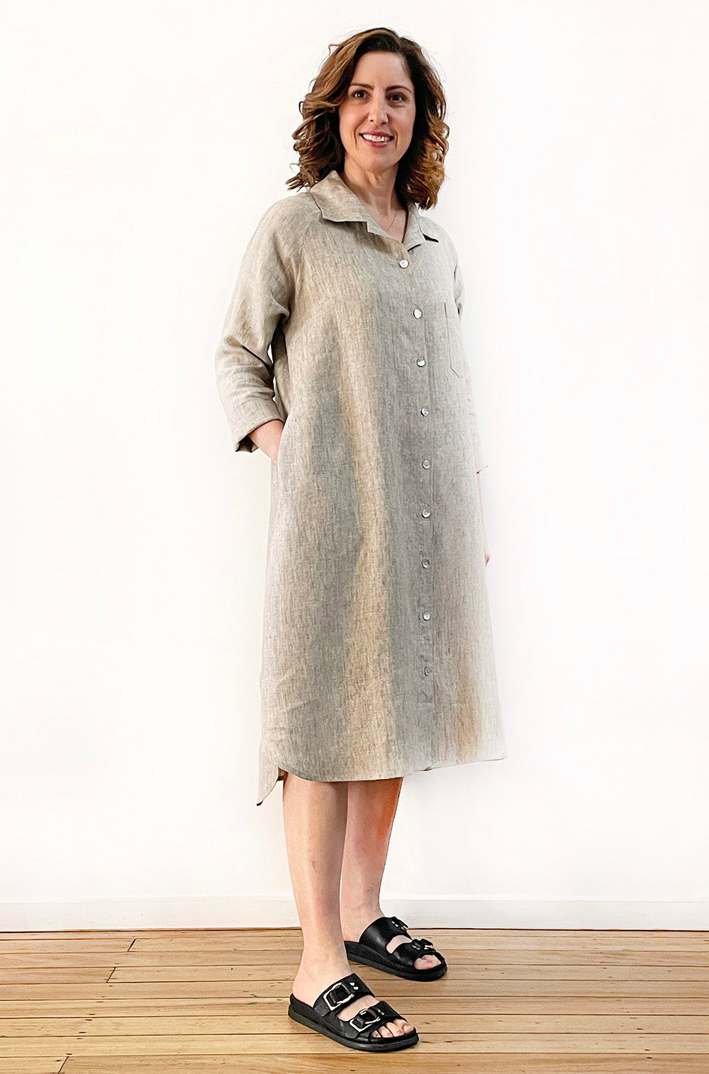 LINEN BUTTON THRU RAGLAN SHIRT DRESS SAND