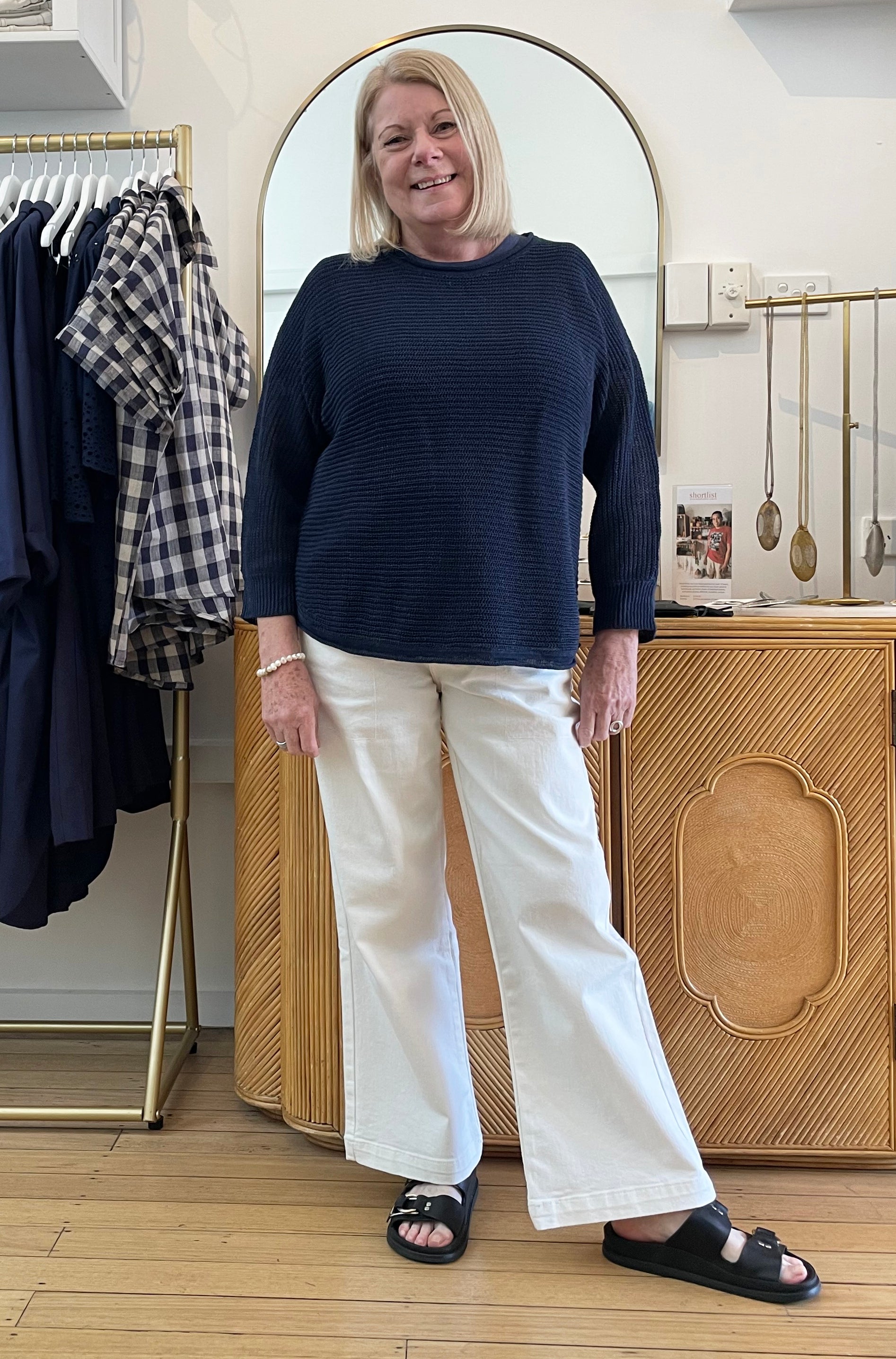 BRIDGE & LORD LINEN DOLMAN KNIT PULLOVER NAVY
