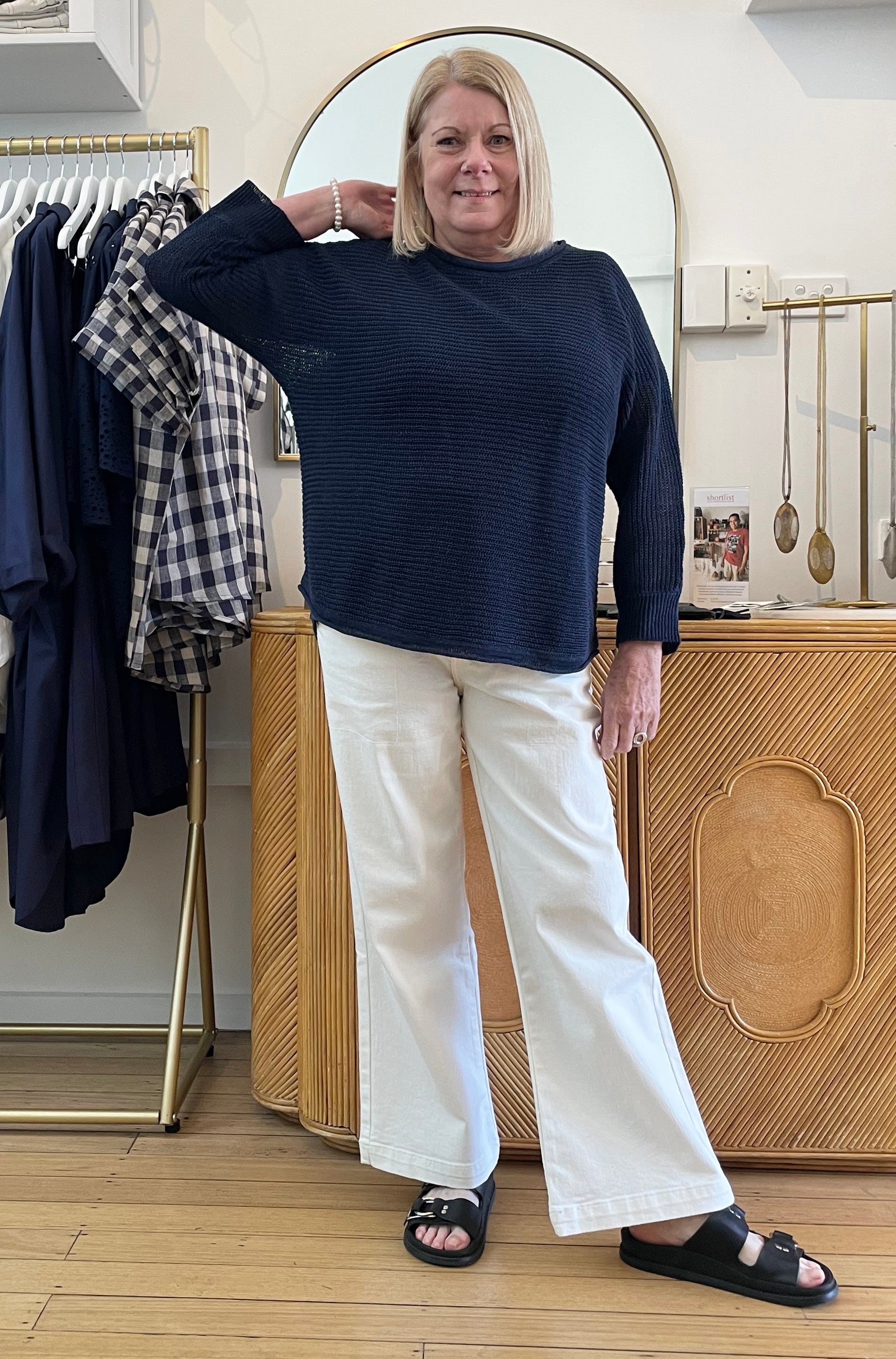 BRIDGE & LORD LINEN DOLMAN KNIT PULLOVER NAVY