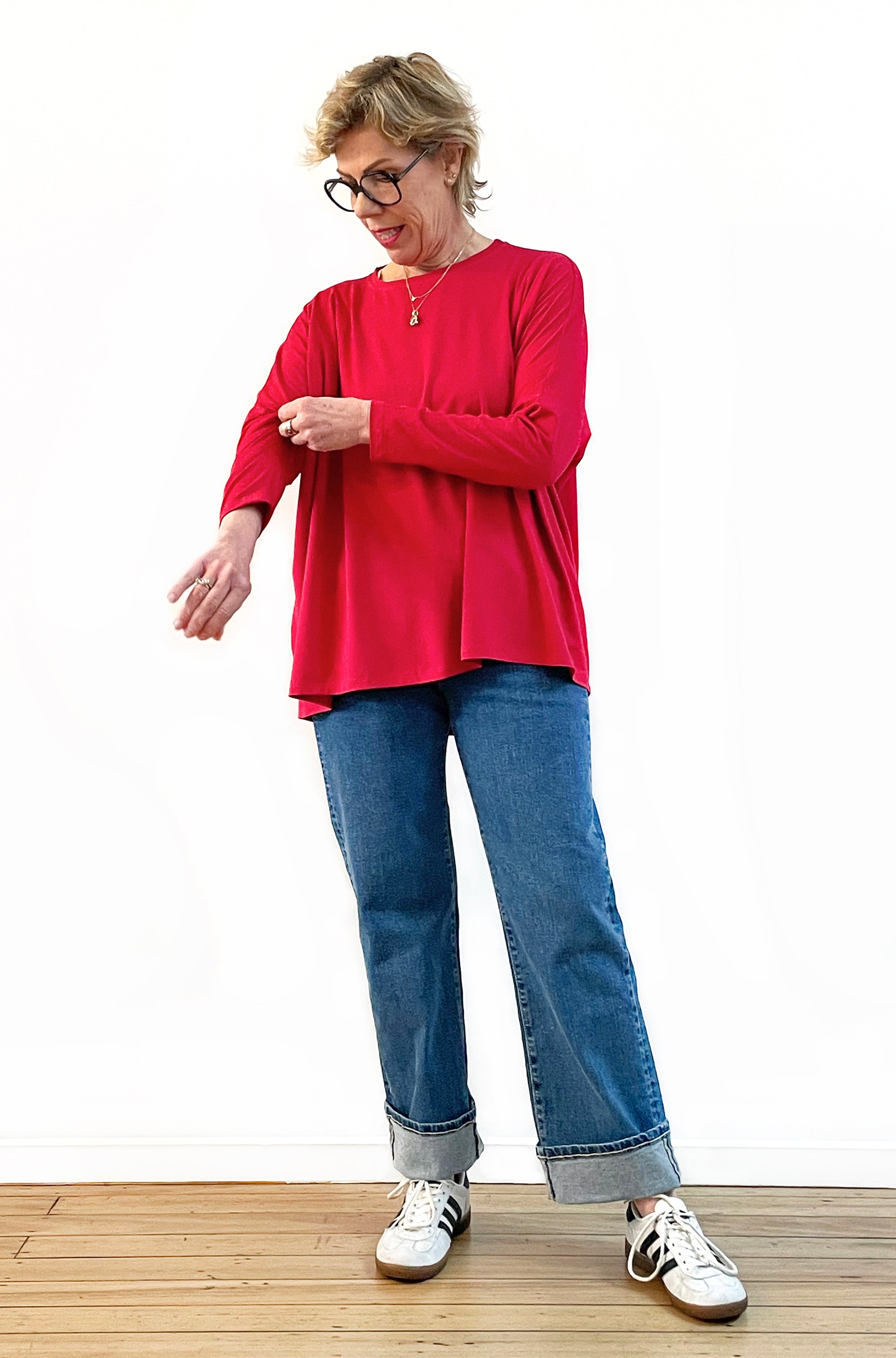 BAMBOO LONG SLEEVE CURVED HEM BOX TOP GERANIUM