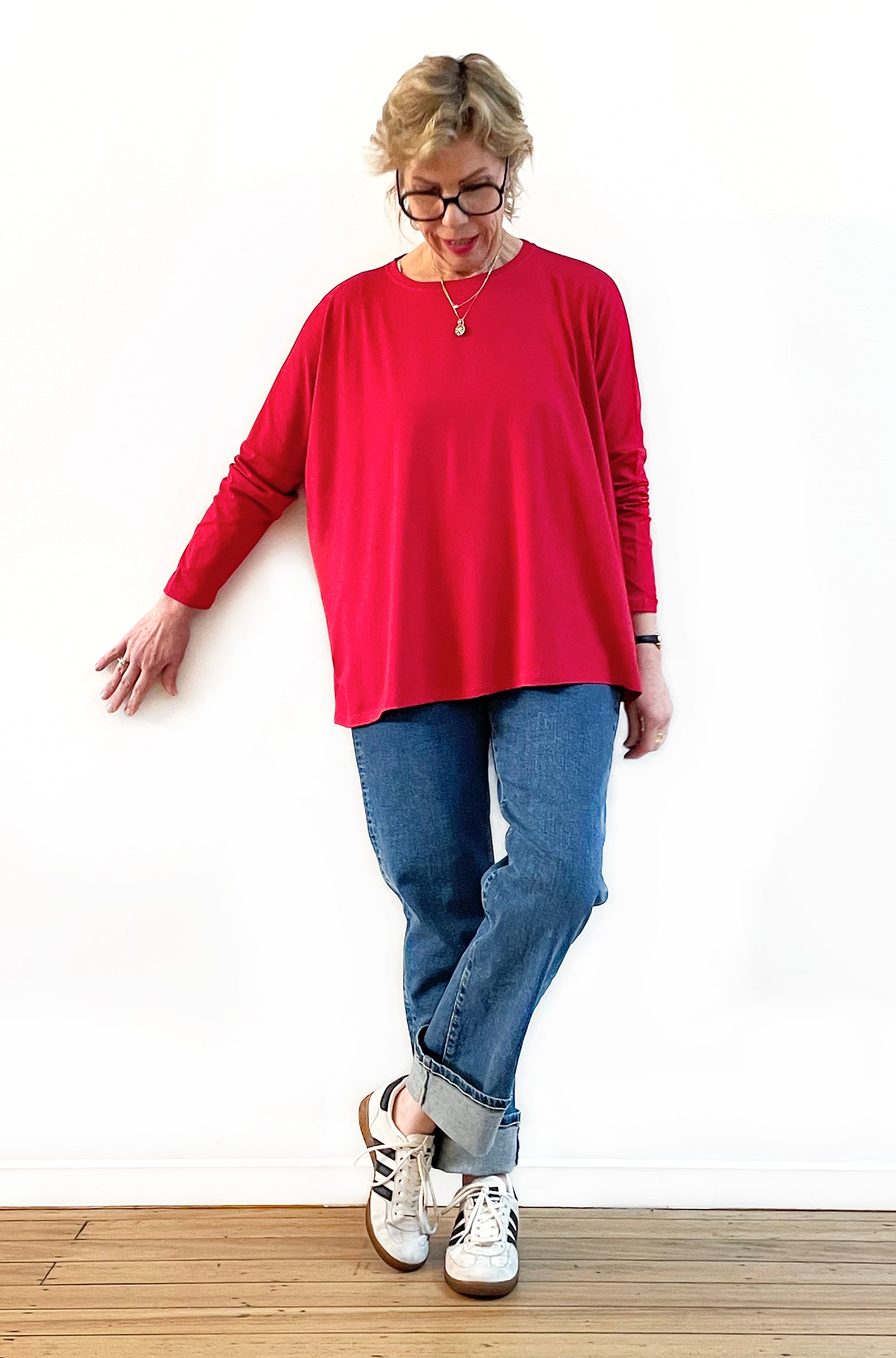 BAMBOO LONG SLEEVE CURVED HEM BOX TOP GERANIUM