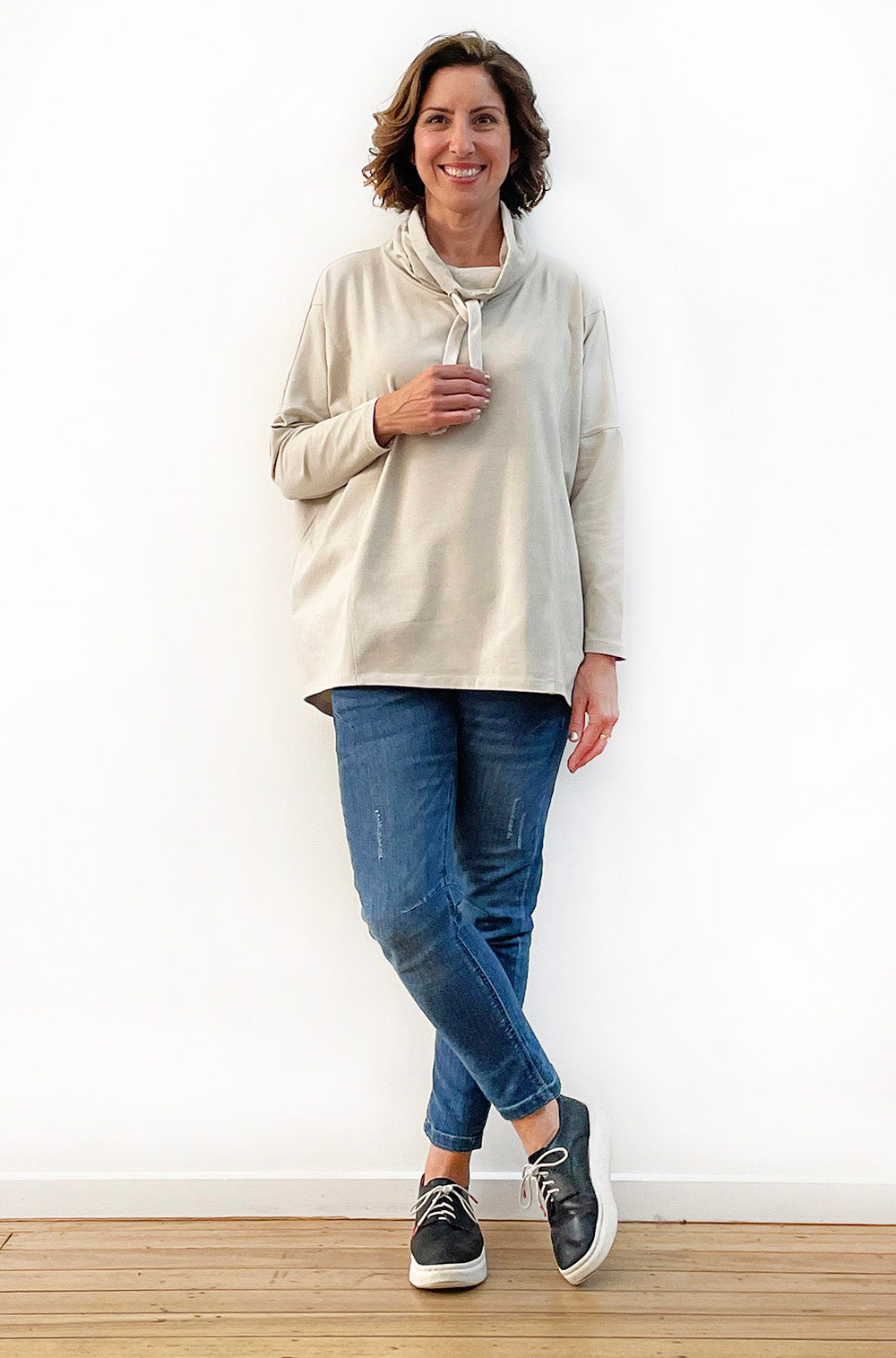 BAMBOO/ORGANIC COTTON COWL NECK TOP CALICO