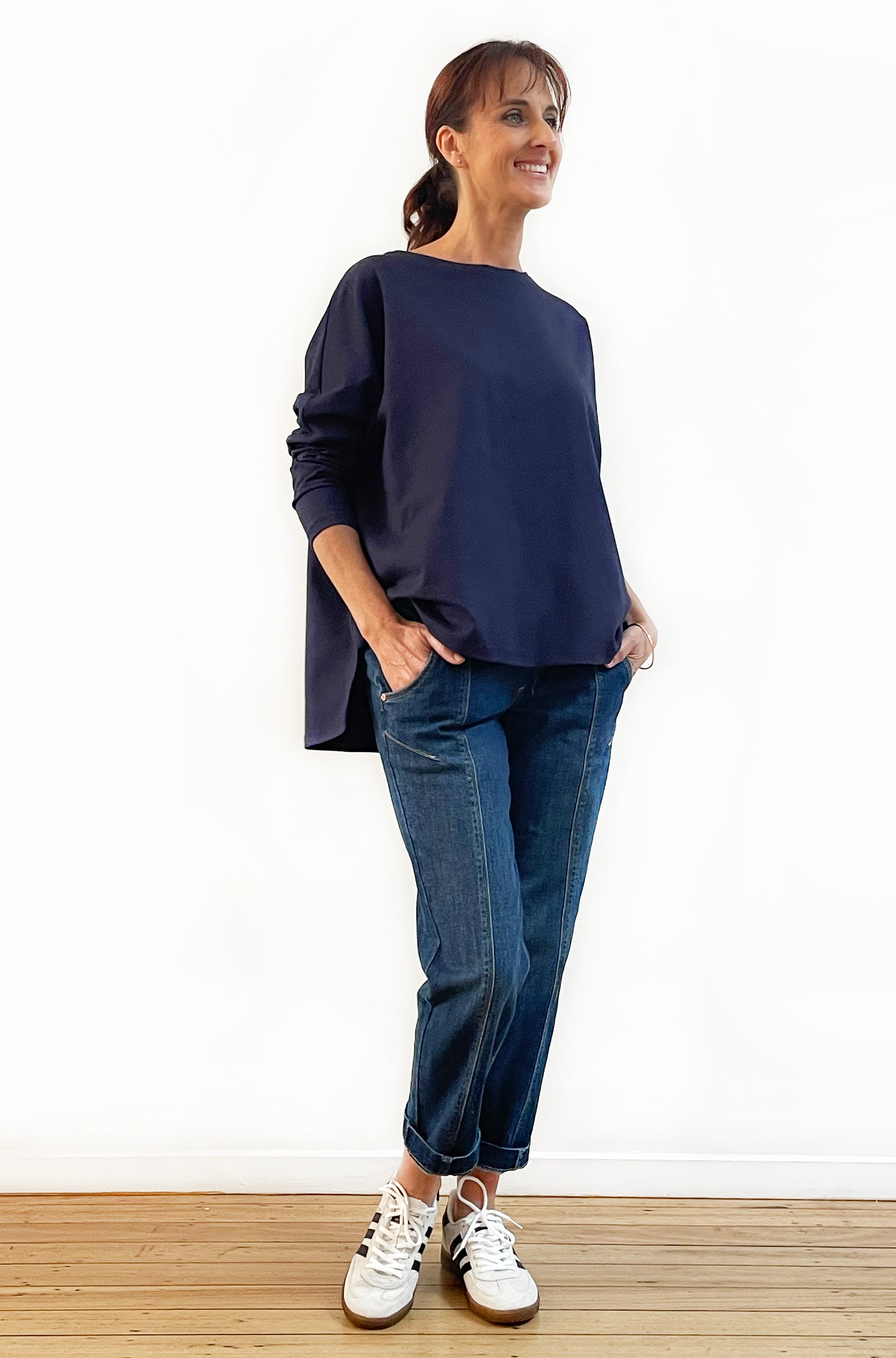BAMBOO/ORGANIC COTTON SQUARE HEM BOX TOP NAVY