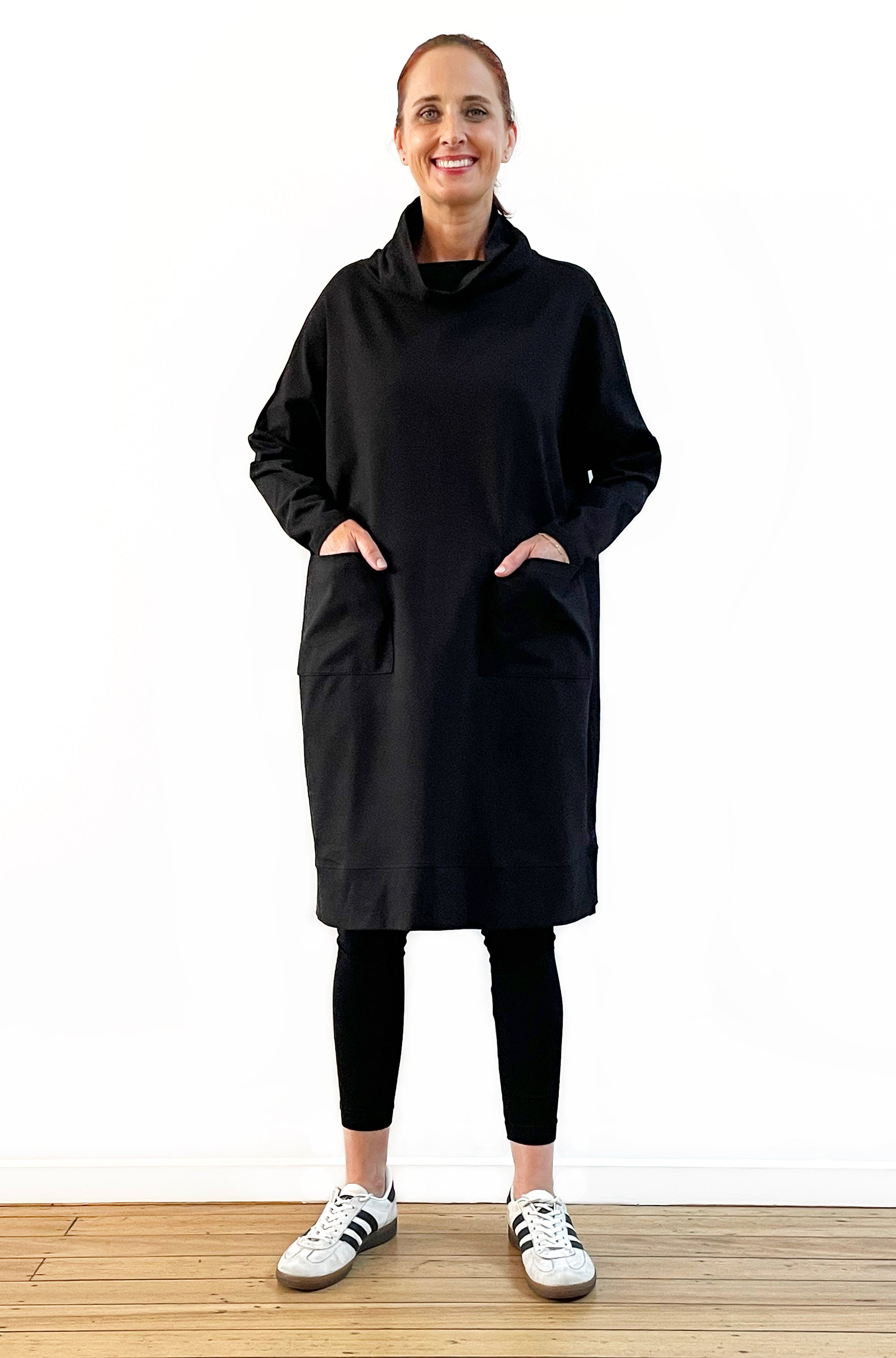 BAMBOO/ORGANIC COTTON PATCH POCKET COWL NECK DRESS BLACK