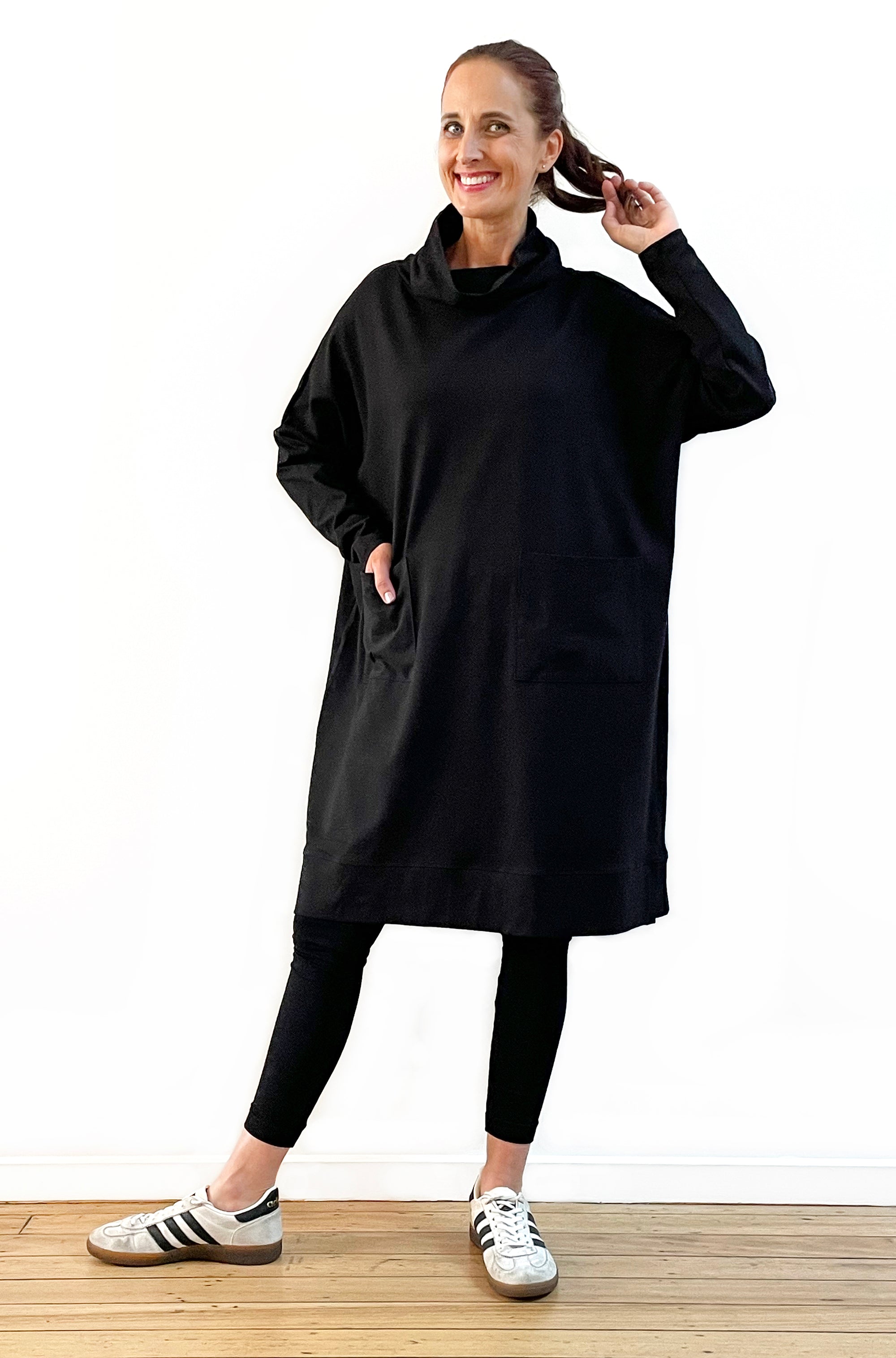 BAMBOO/ORGANIC COTTON PATCH POCKET COWL NECK DRESS BLACK