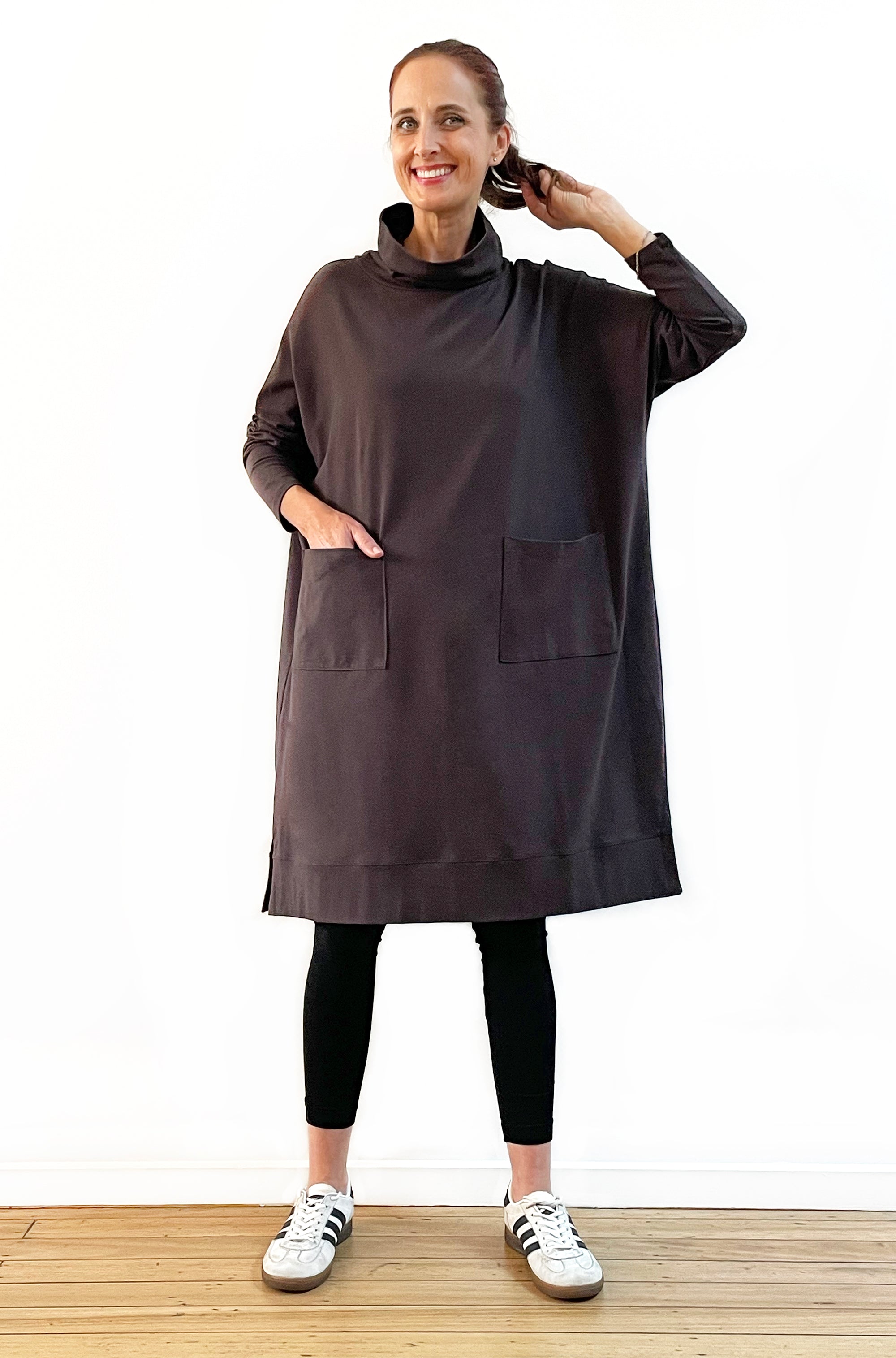 BAMBOO/ORGANIC COTTON PATCH POCKET COWL NECK DRESS CHOCOLATE