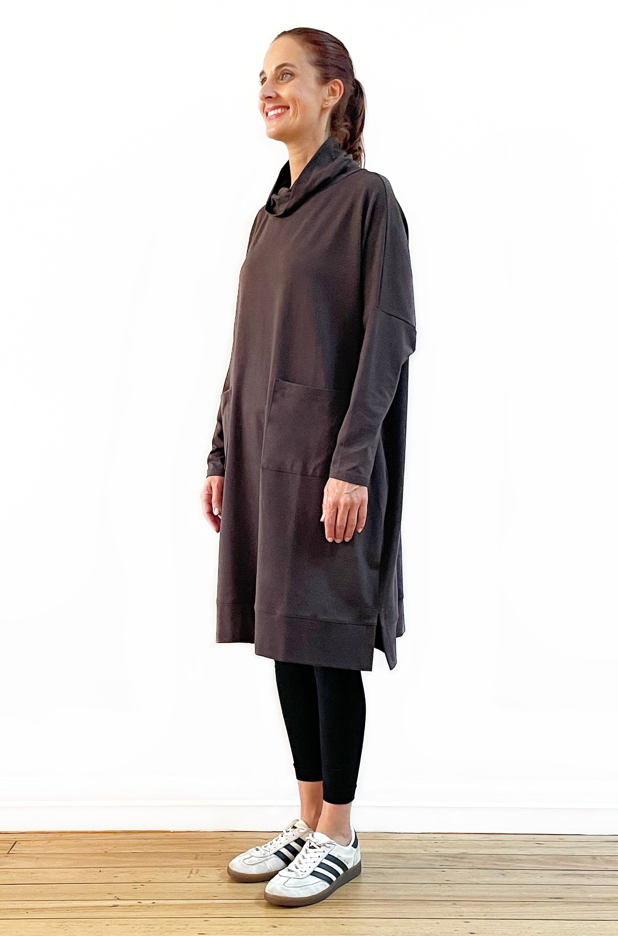 BAMBOO/ORGANIC COTTON PATCH POCKET COWL NECK DRESS CHOCOLATE