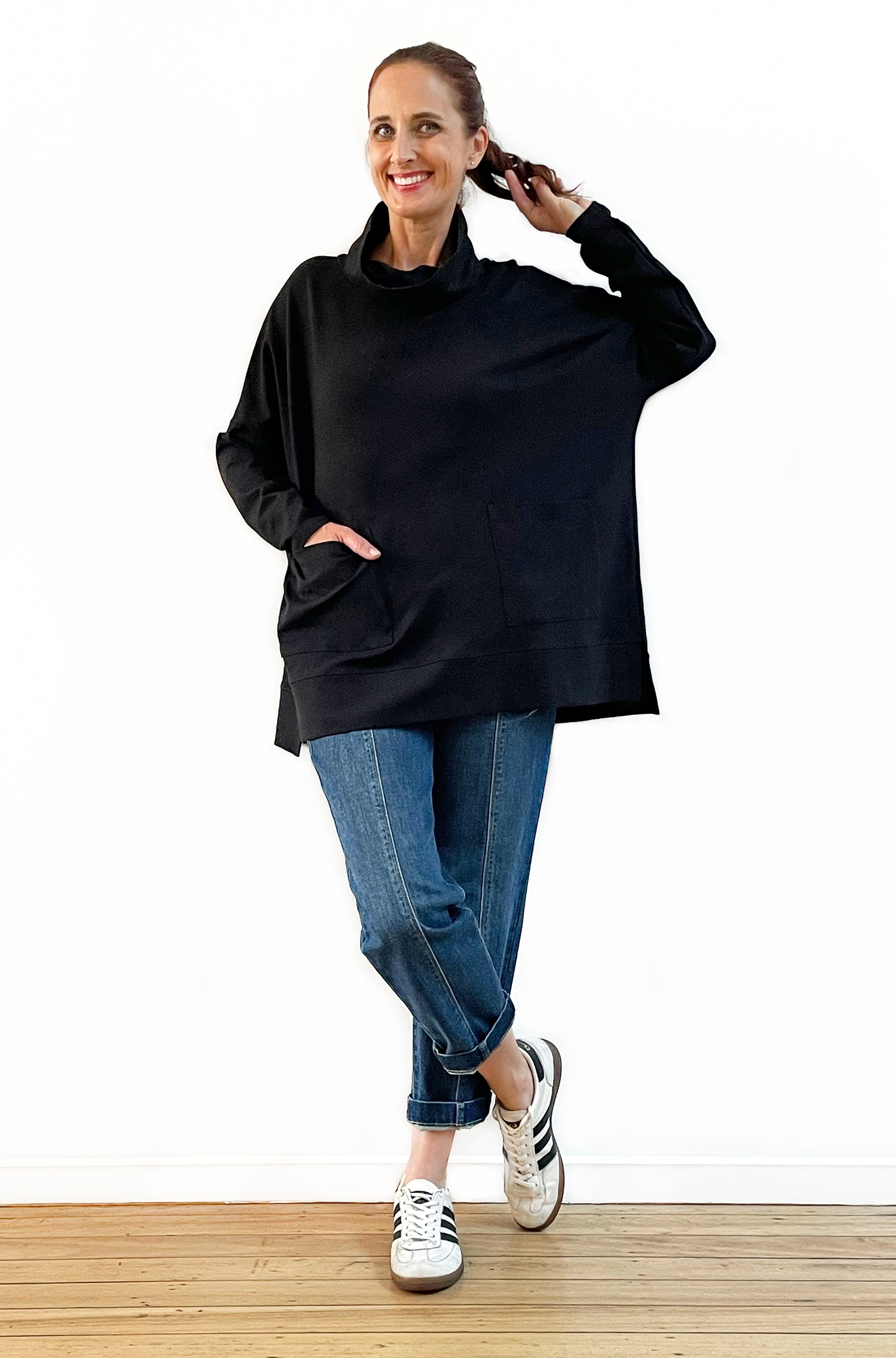 BAMBOO/ORGANIC COTTON PATCH POCKET COWL NECK TOP BLACK