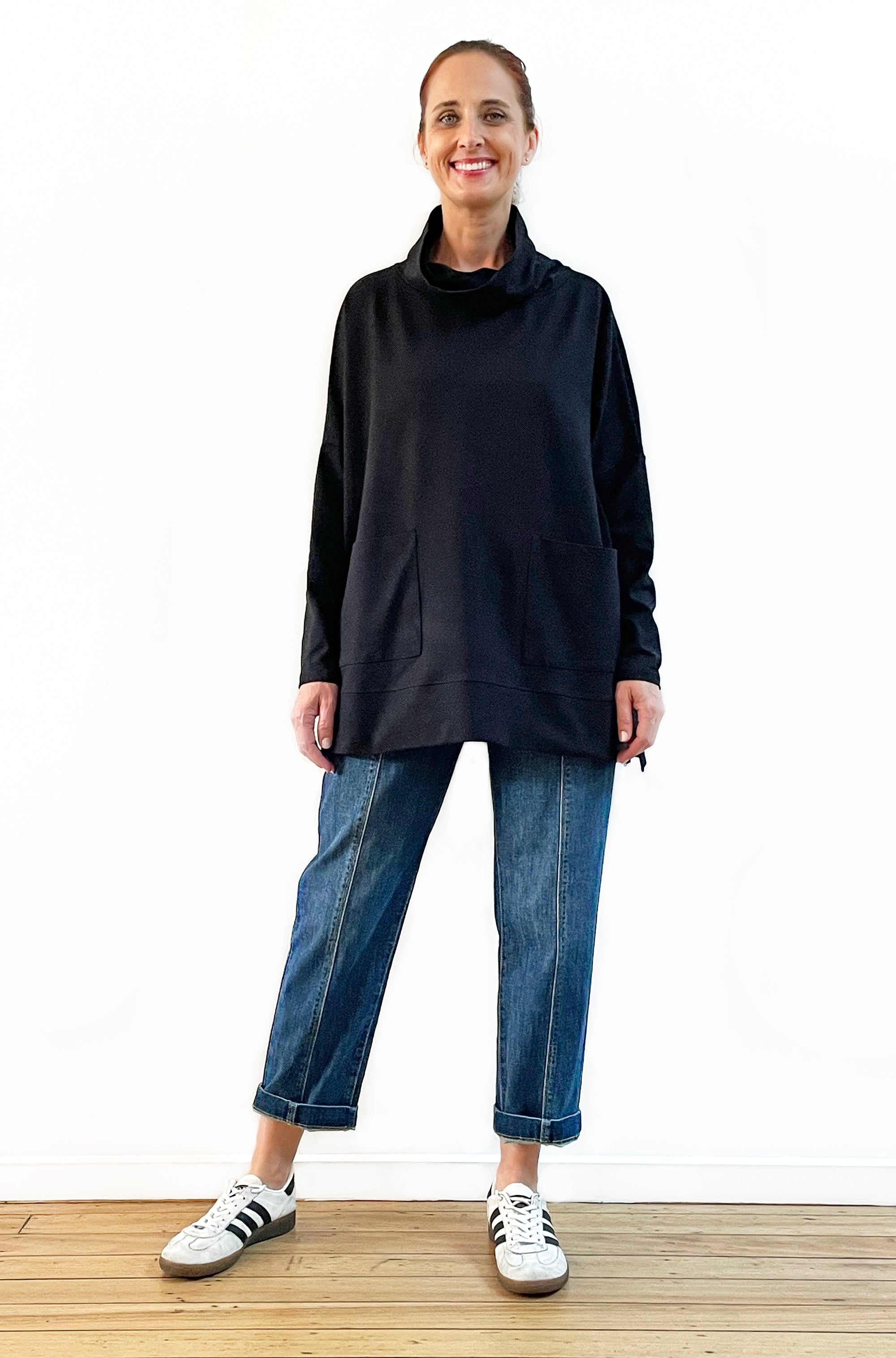 BAMBOO/ORGANIC COTTON PATCH POCKET COWL NECK TOP BLACK