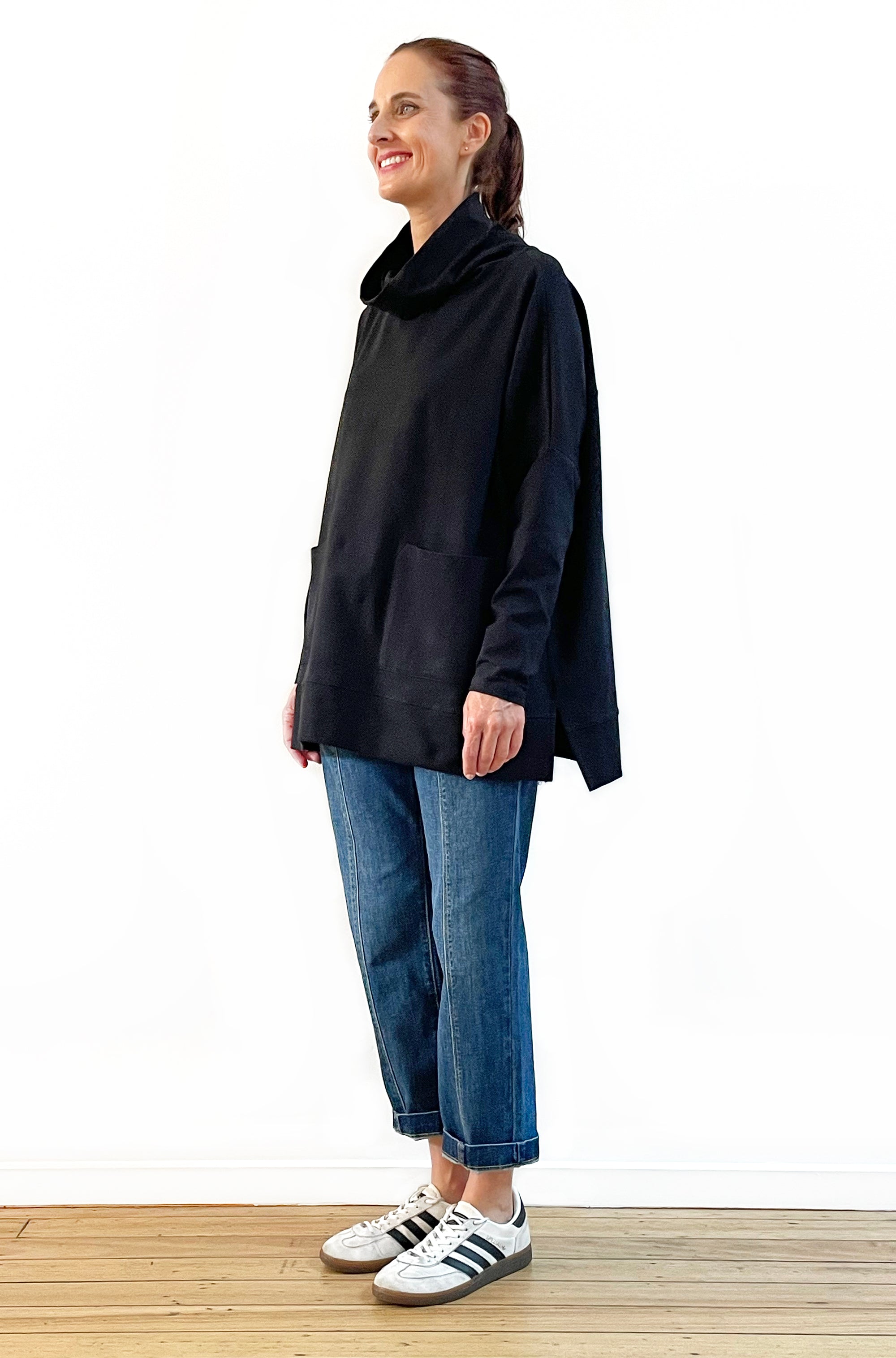 BAMBOO/ORGANIC COTTON PATCH POCKET COWL NECK TOP BLACK