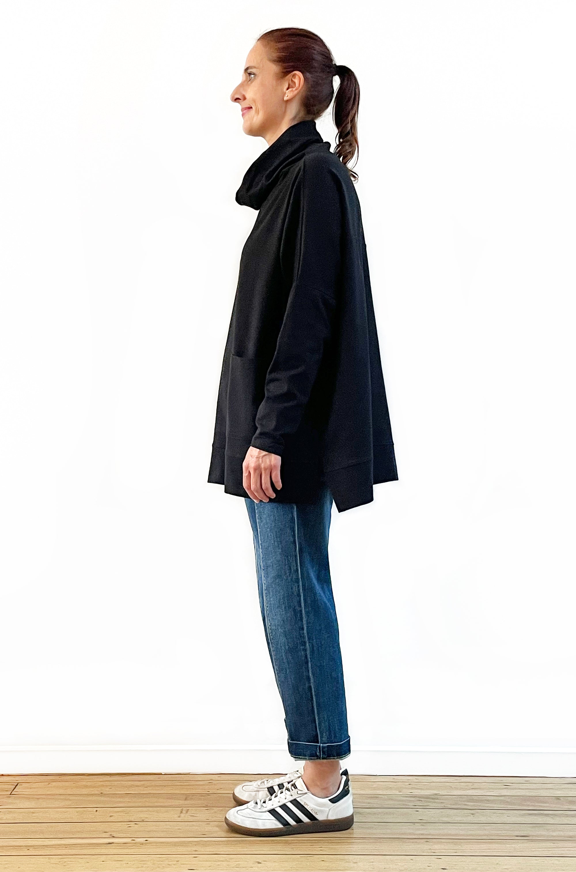 BAMBOO/ORGANIC COTTON PATCH POCKET COWL NECK TOP BLACK