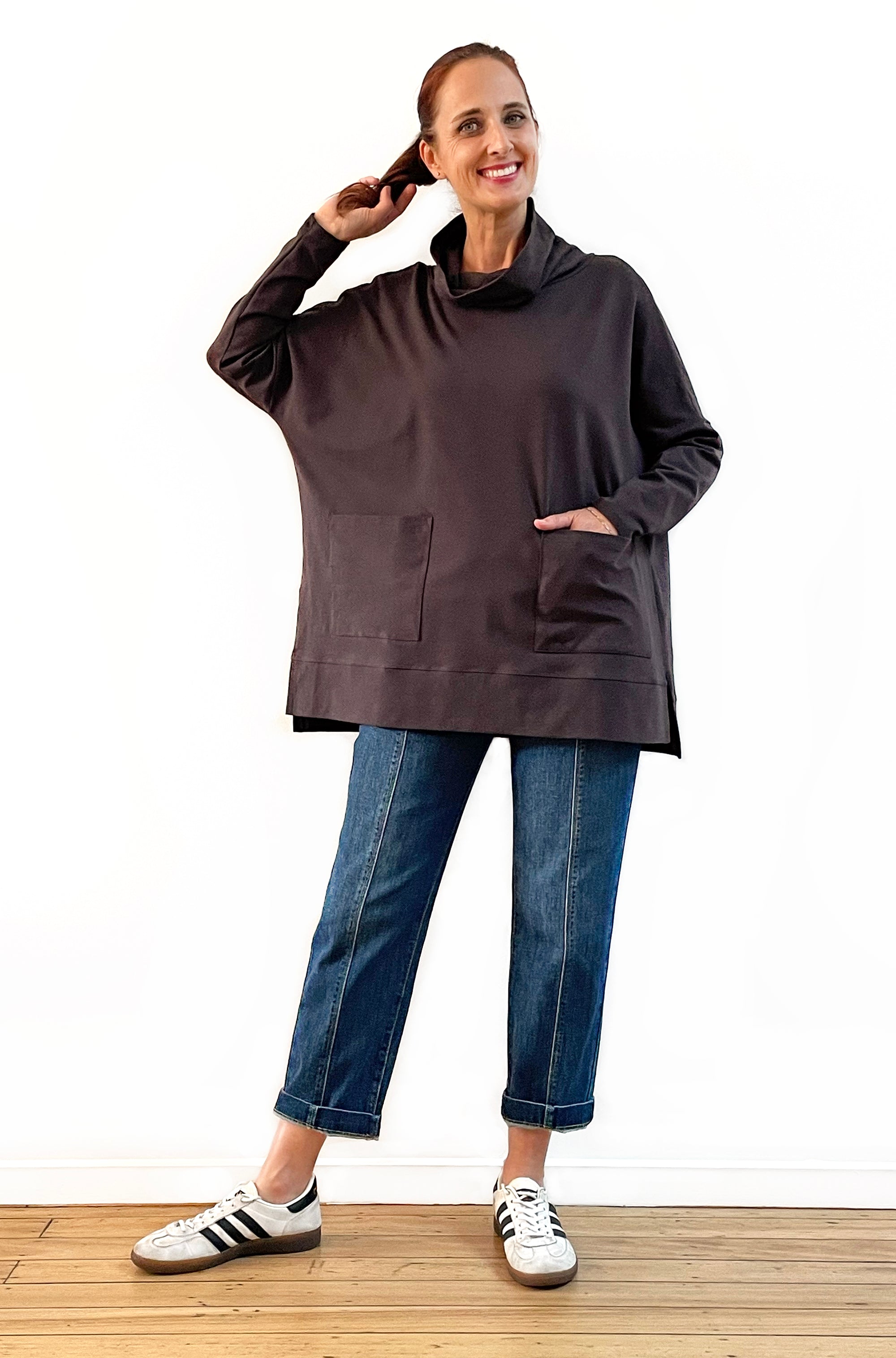 BAMBOO/ORGANIC COTTON PATCH POCKET COWL NECK TOP CHOCOLATE