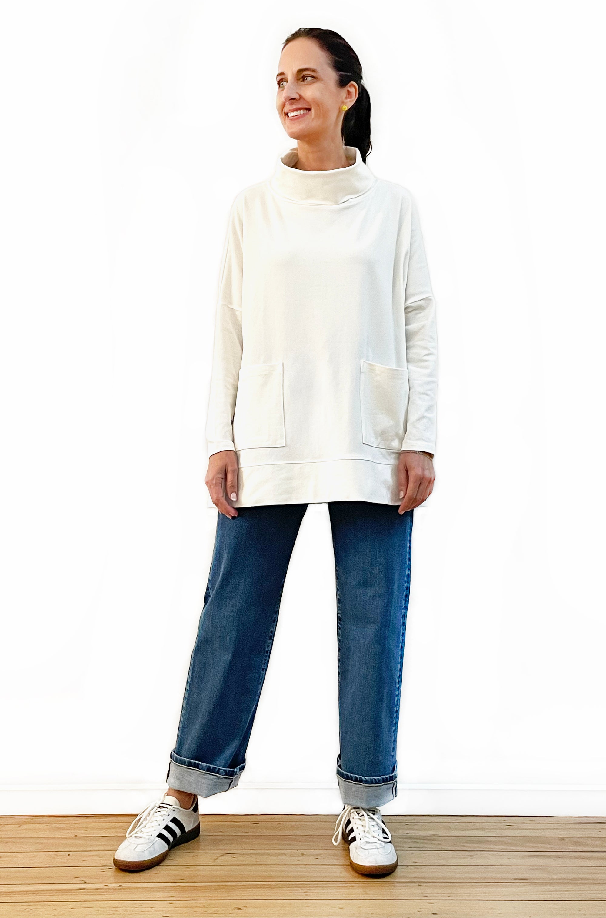 BAMBOO/ORGANIC COTTON PATCH POCKET COWL NECK TOP OFF WHITE