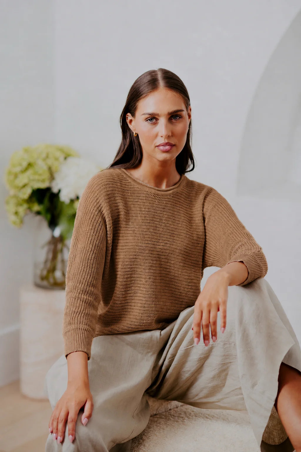 BRIDGE & LORD LINEN DOLMAN KNIT PULLOVER CINNAMON