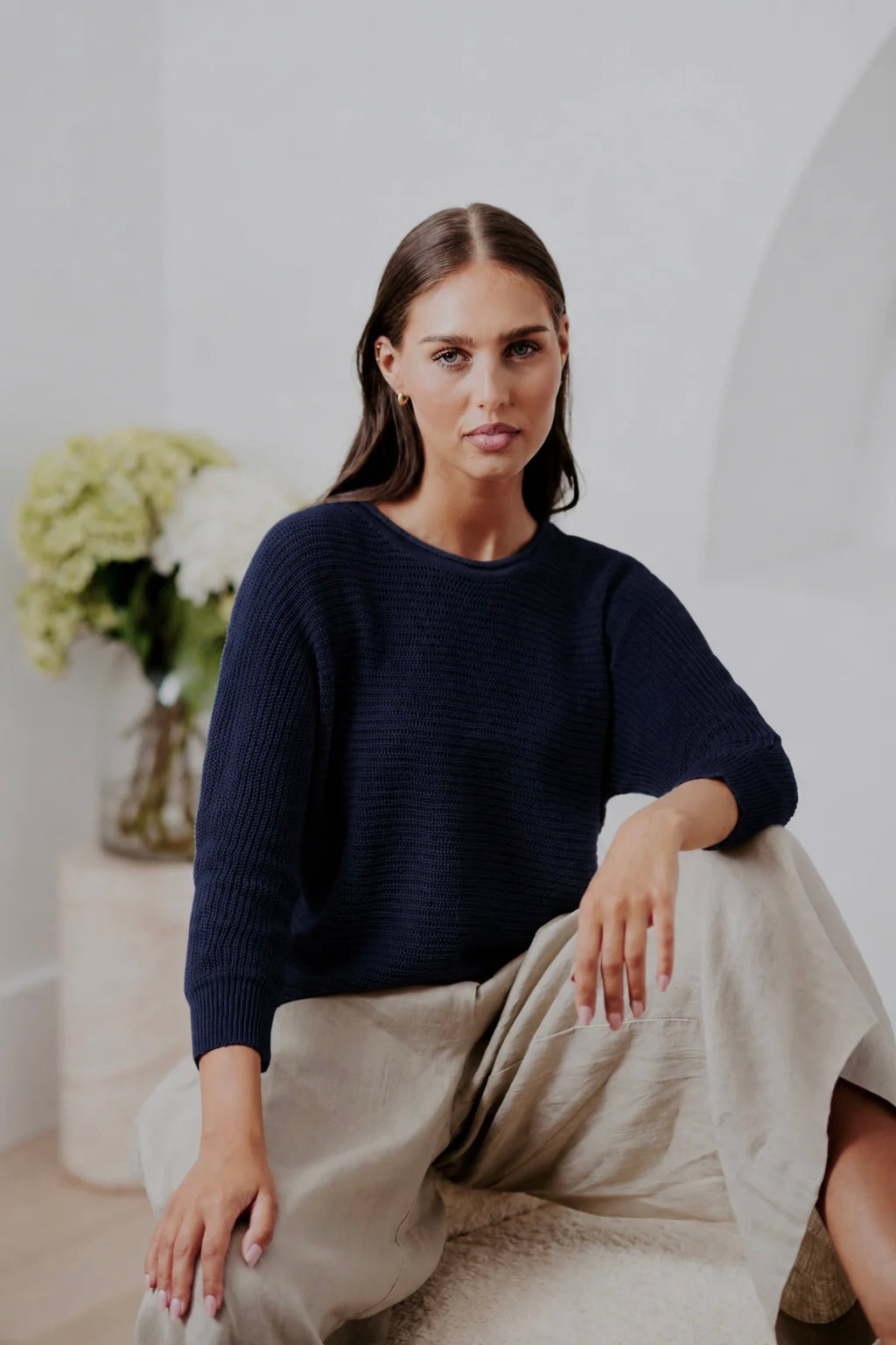 BRIDGE & LORD LINEN DOLMAN KNIT PULLOVER NAVY