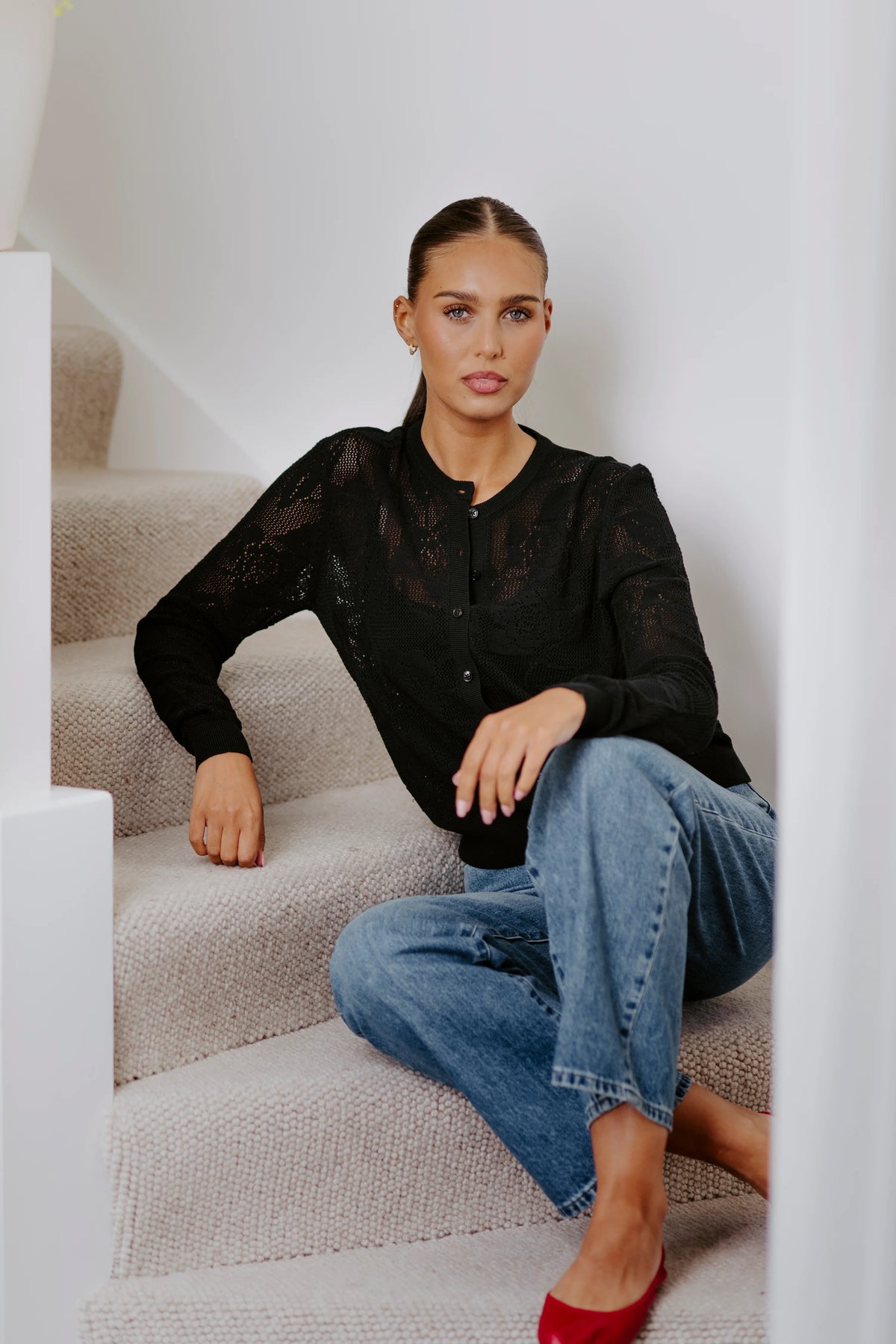 BRIDGE & LORD COTTON/VISCOSE LACEY KNIT CARDIGAN BLACK