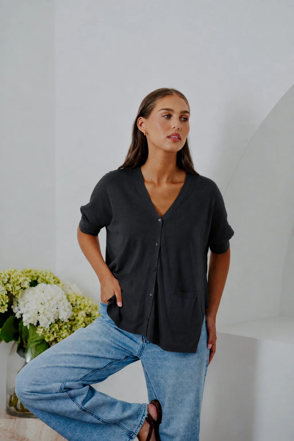 BRIDGE & LORD LINEN/COTTON OVERSIZED SWING CARDIGAN ASPHALT