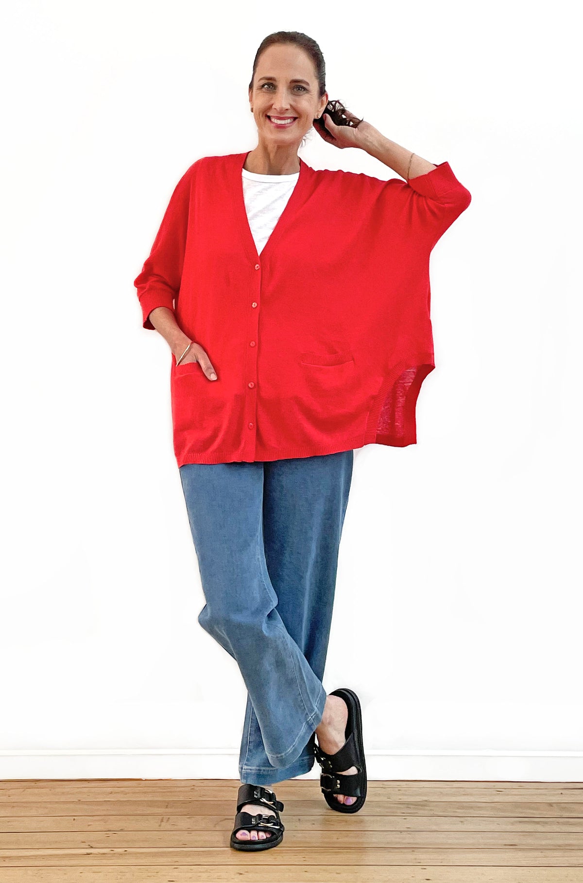 BRIDGE & LORD LINEN/COTTON OVERSIZED SWING CARDIGAN GERANIUM