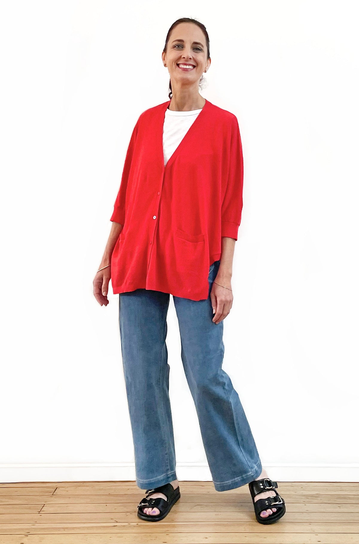 BRIDGE & LORD LINEN/COTTON OVERSIZED SWING CARDIGAN GERANIUM