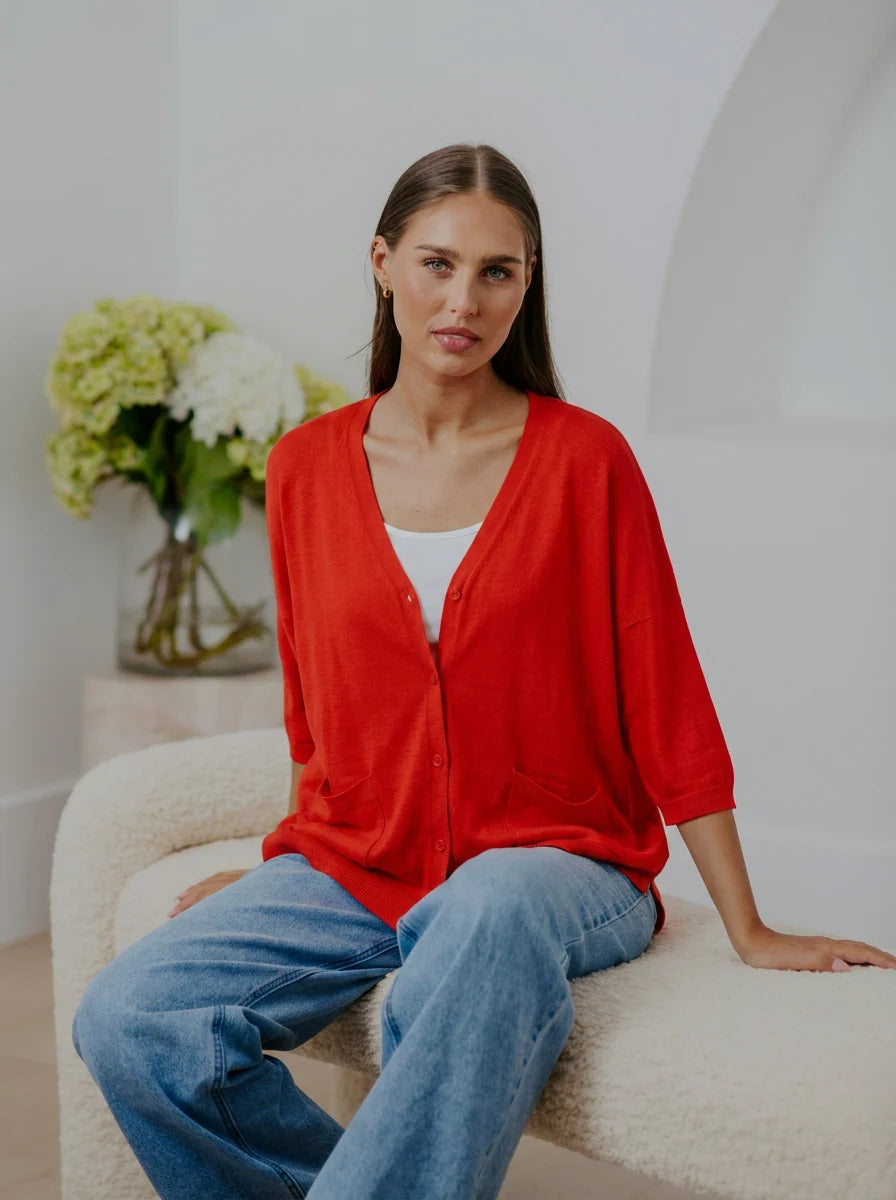 BRIDGE & LORD LINEN/COTTON OVERSIZED SWING CARDIGAN GERANIUM