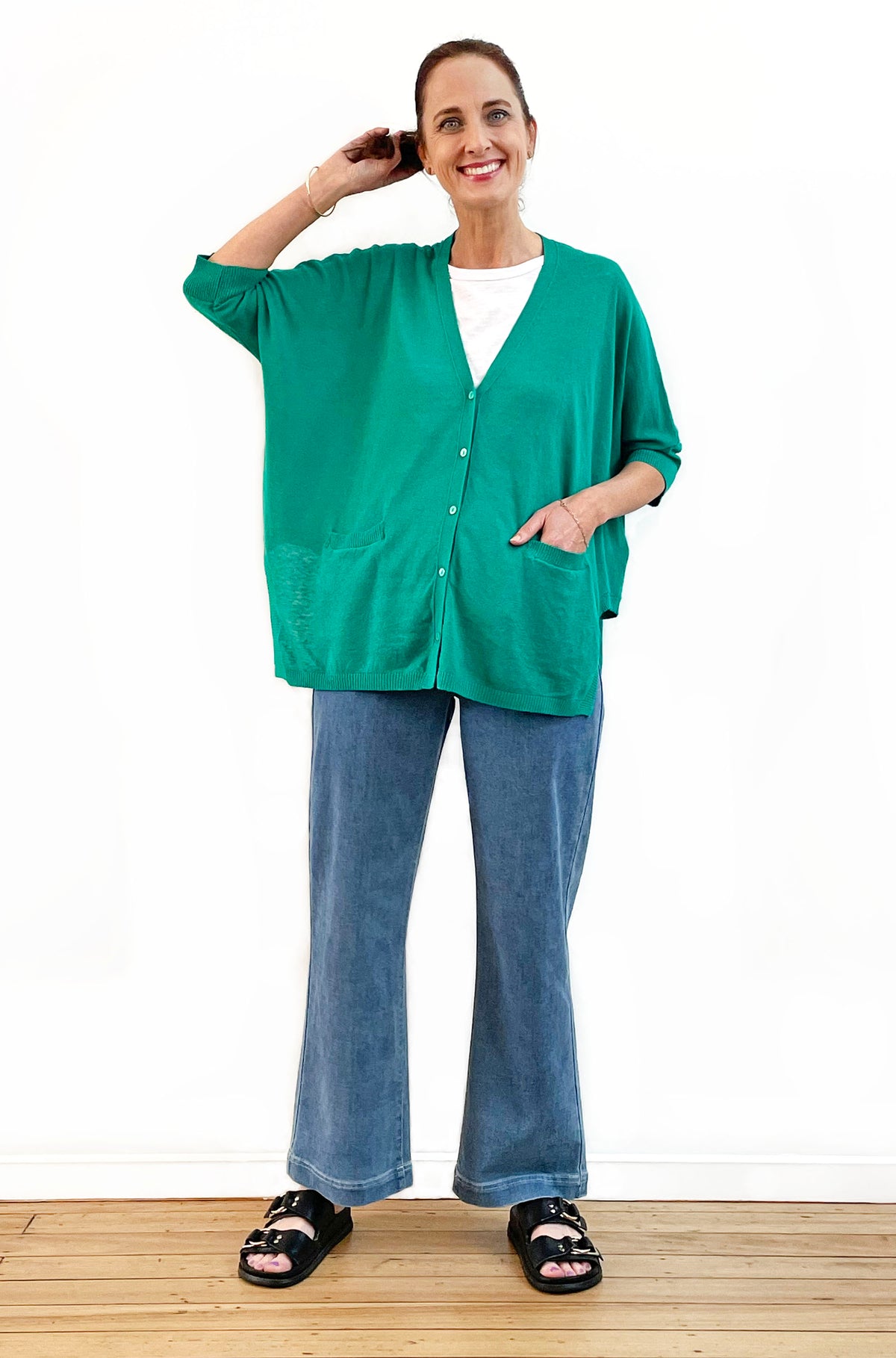 BRIDGE & LORD LINEN/COTTON OVERSIZED SWING CARDIGAN JADE