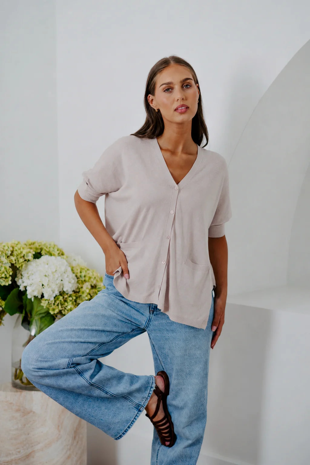 BRIDGE & LORD LINEN/COTTON OVERSIZED SWING CARDIGAN STRING
