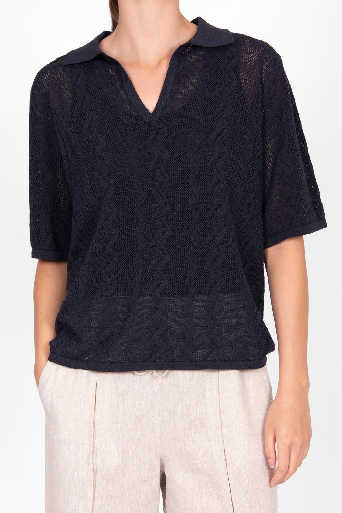 BRIDGE & LORD ZIG ZAG POINTELLE POLO BLACK