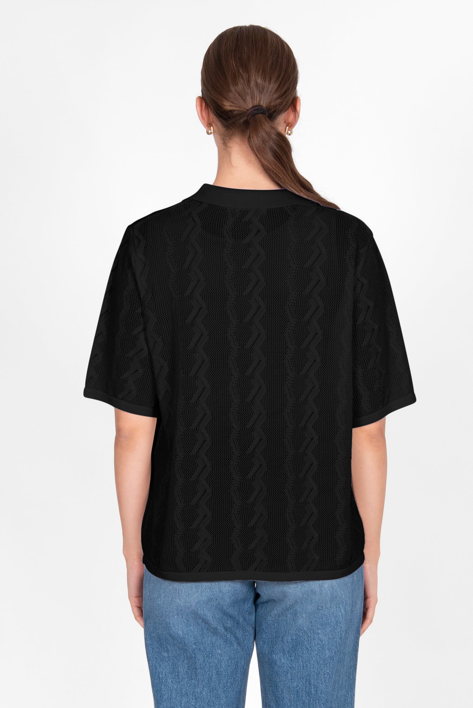 BRIDGE & LORD ZIG ZAG POINTELLE POLO BLACK