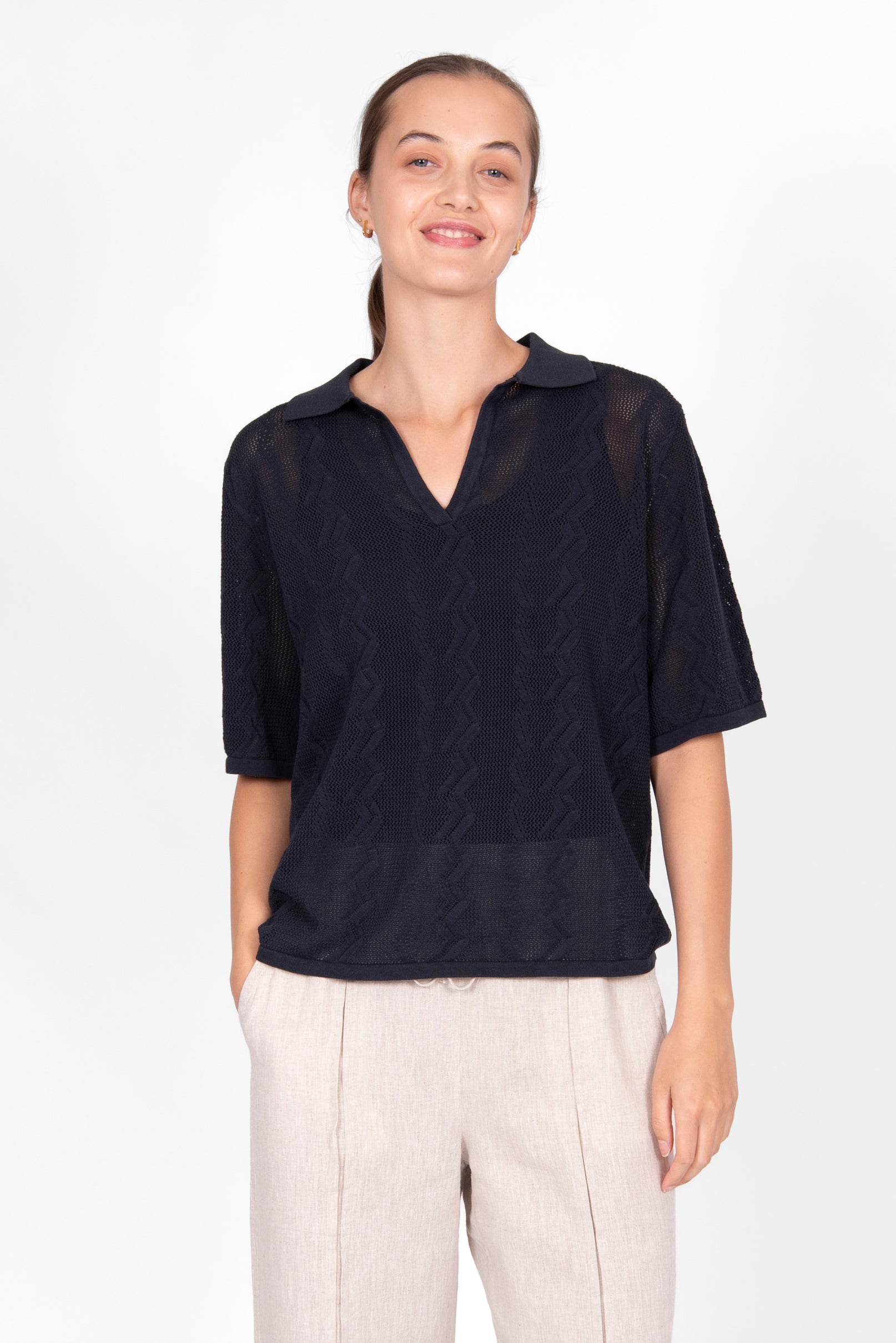 BRIDGE & LORD ZIG ZAG POINTELLE POLO BLACK