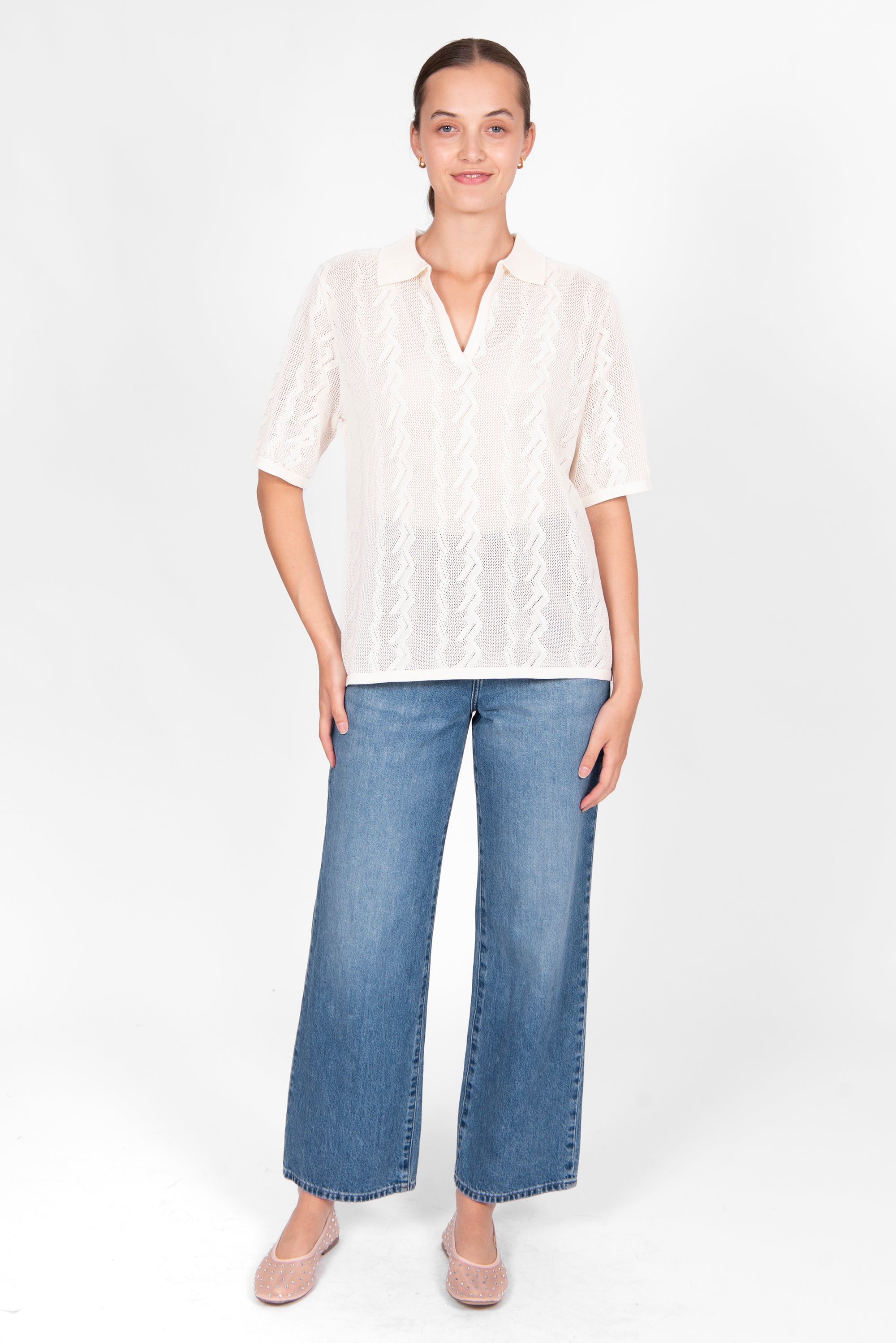 BRIDGE & LORD ZIG ZAG POINTELLE POLO CREAM