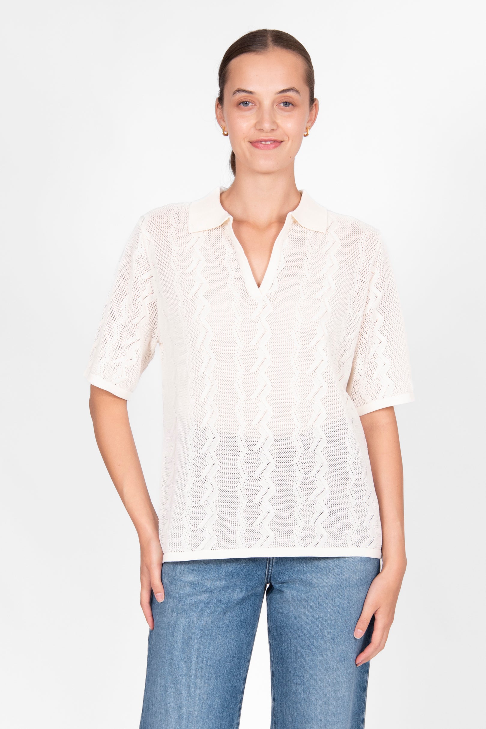 BRIDGE & LORD ZIG ZAG POINTELLE POLO CREAM